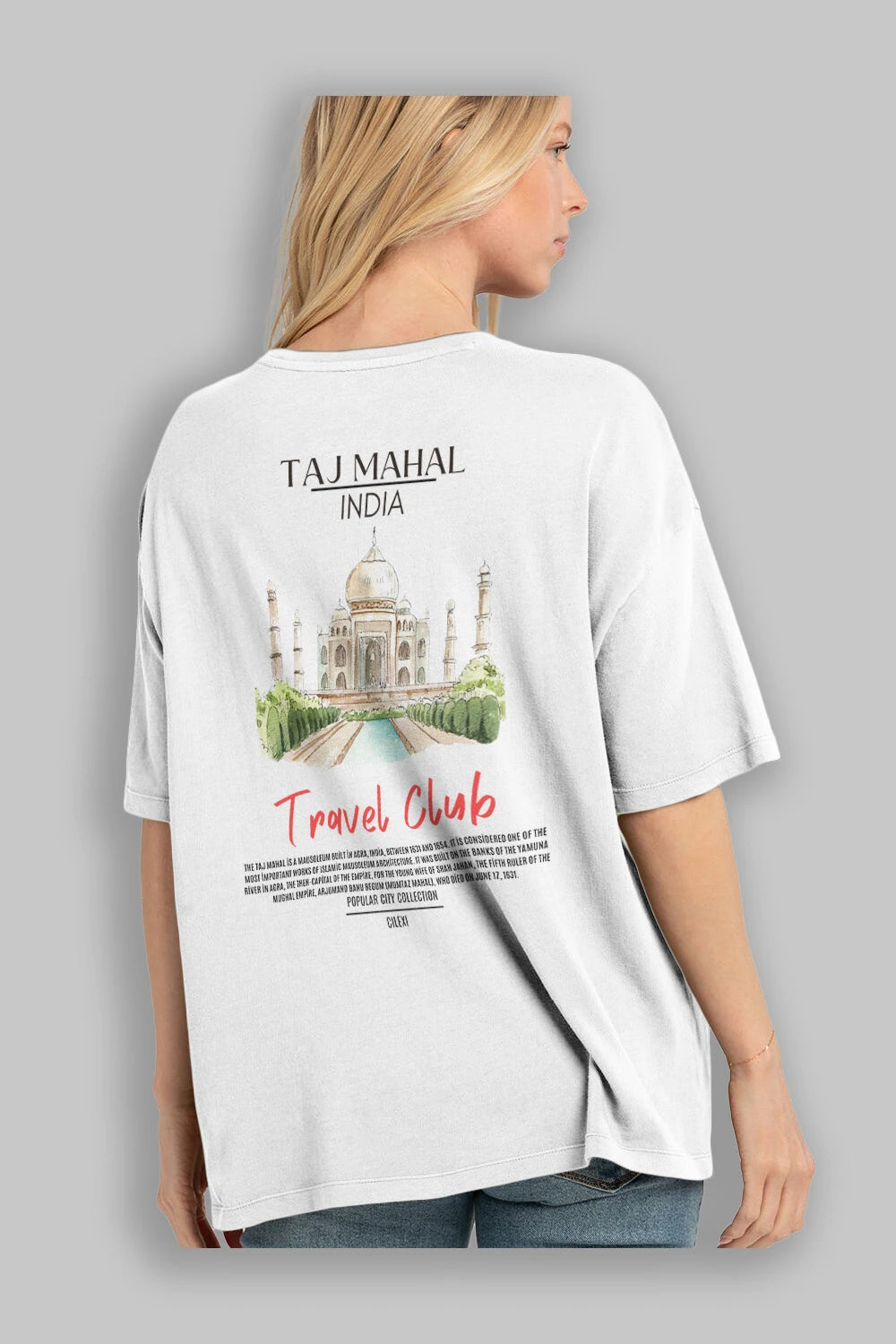 Taj Mahal İndia Arka Baskılı Oversize t-shirt Erkek Kadın Pamuk Bisiklet Yaka tişort