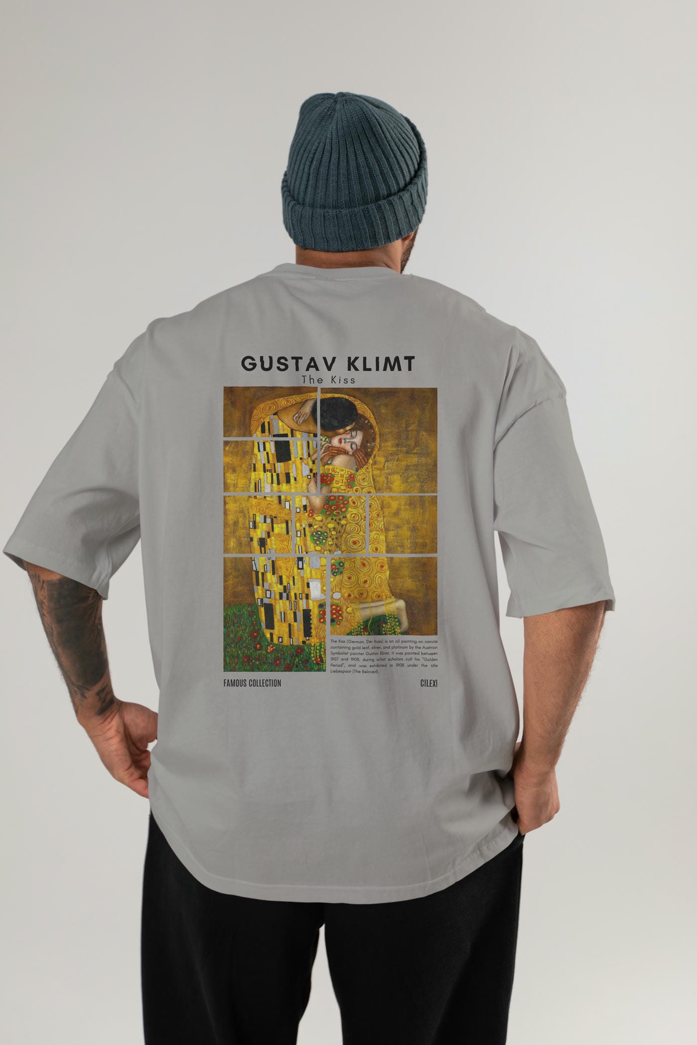 Gustav Klimt The Kiss Arka Baskılı Oversize t-shirt Erkek Kadın Bisiklet Yaka Pamuk tişort