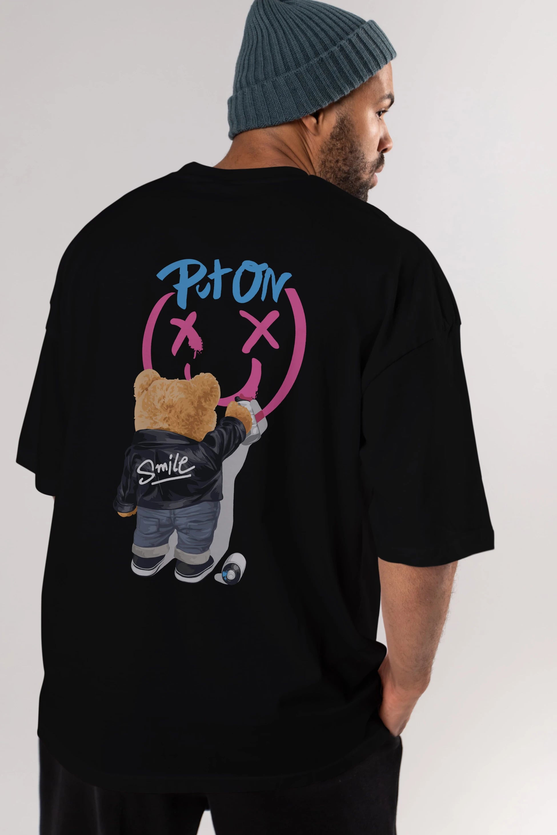 Put on Smile Bear Arka Baskılı Oversize t-shirt Erkek Kadın Unisex
