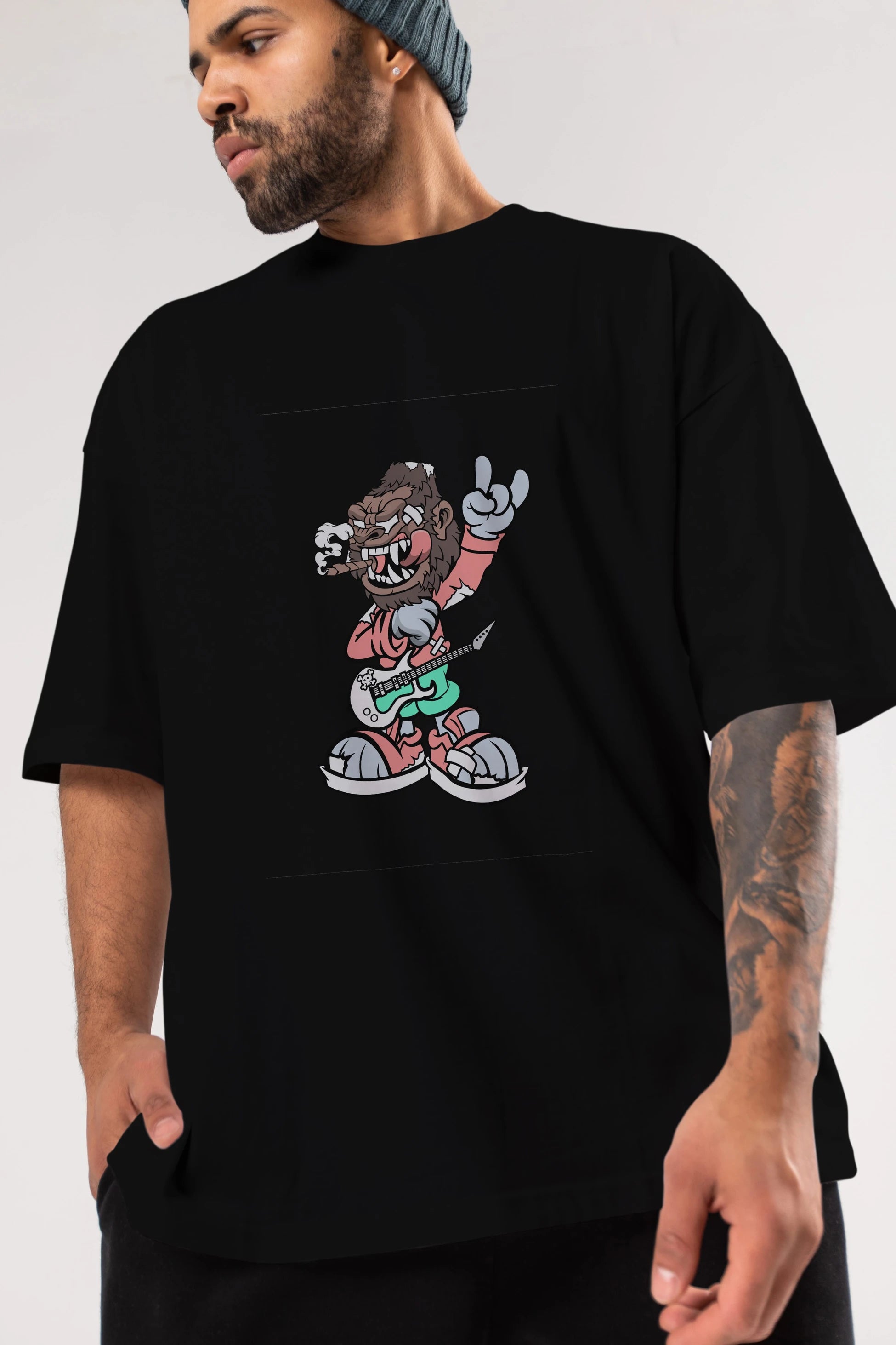 Gorilla Rockstar Ön Baskılı Oversize t-shirt Erkek Kadın Unisex %100 Pamuk tişort