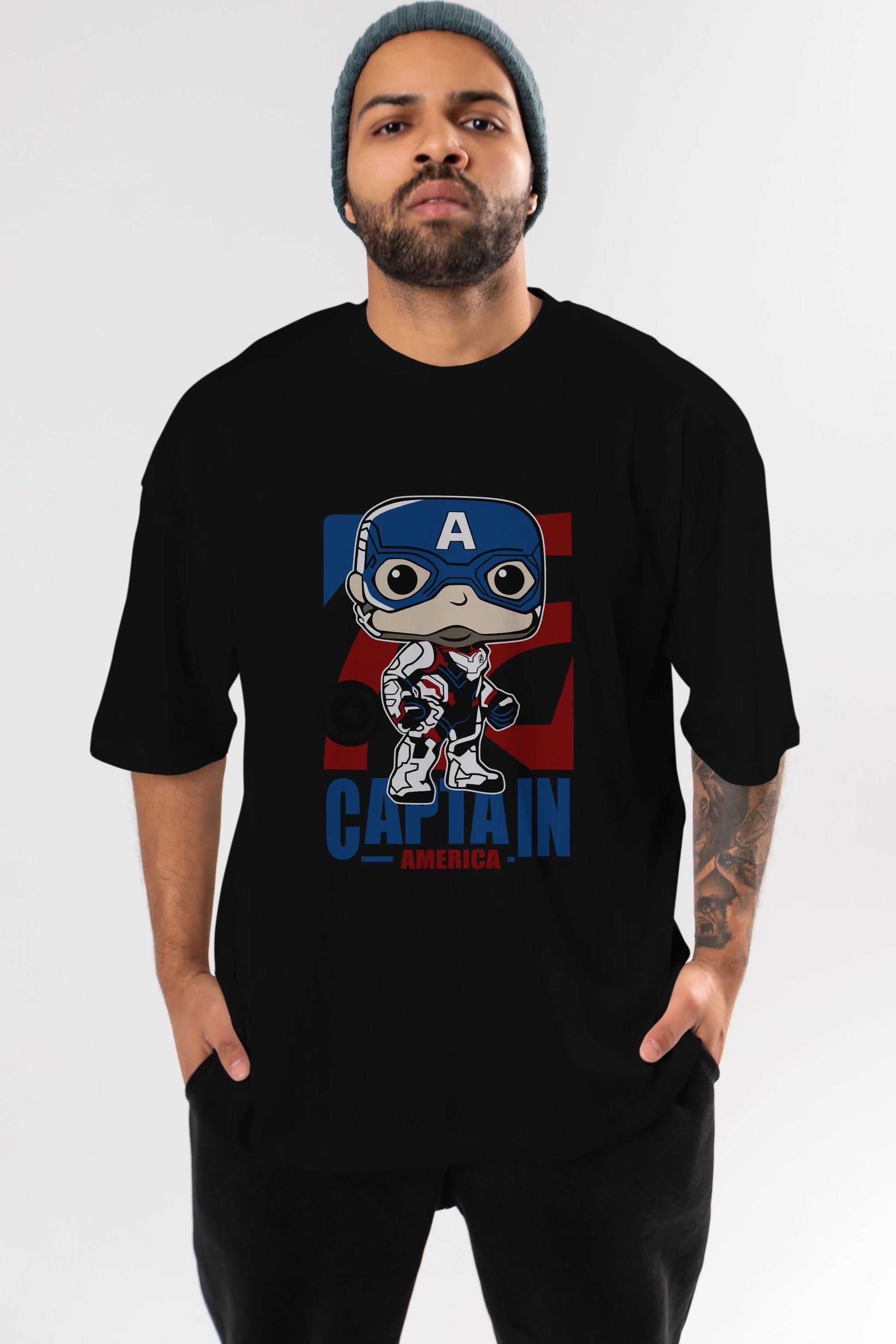 Captain America Ön Baskılı Oversize t-shirt Erkek Kadın Unisex %100 Pamuk Bisiklet Yaka tişort