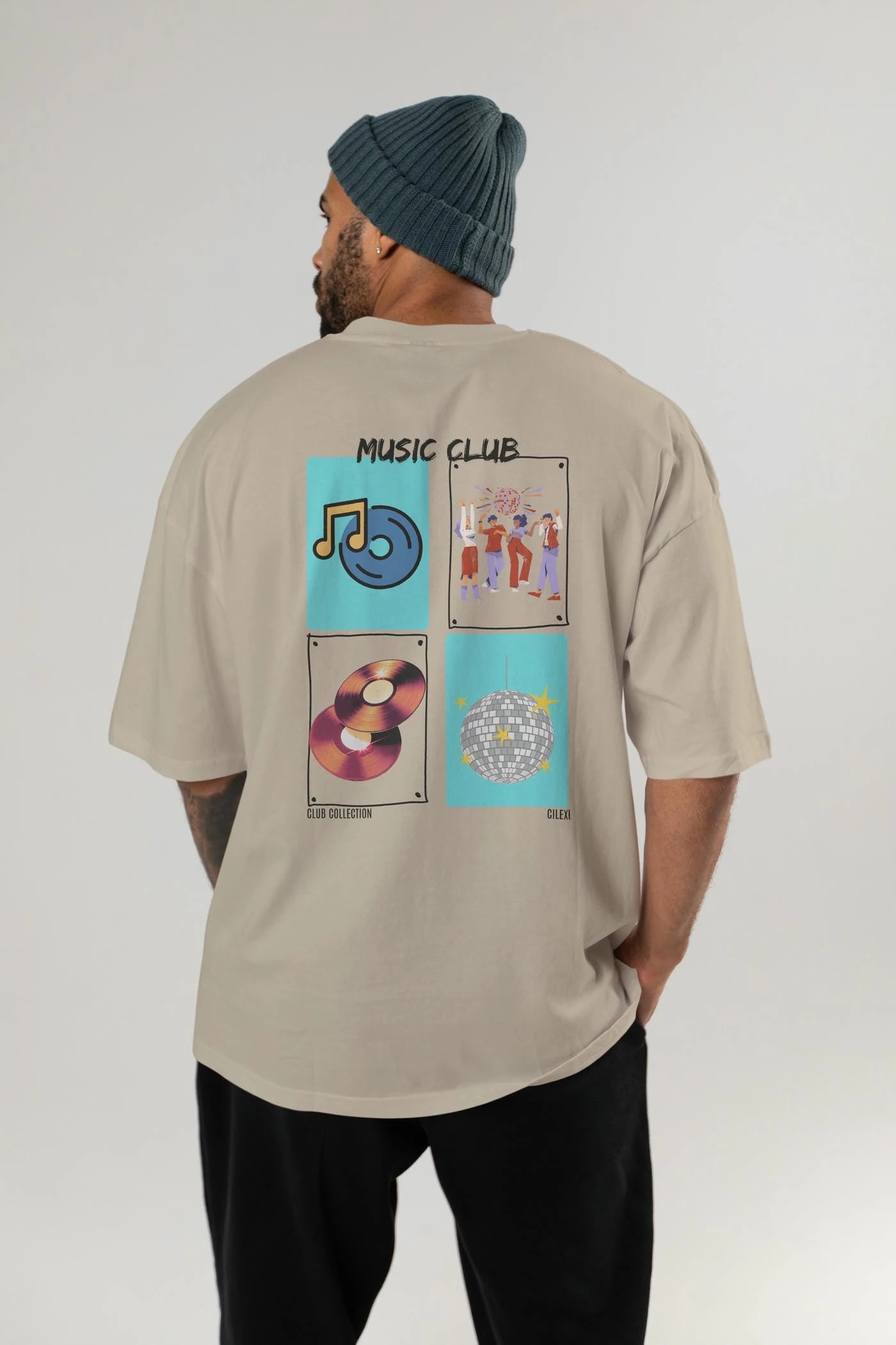 Music Club Arka Baskılı Oversize t-shirt Erkek Kadın %100 Pamuk Bisiklet Yaka tişort