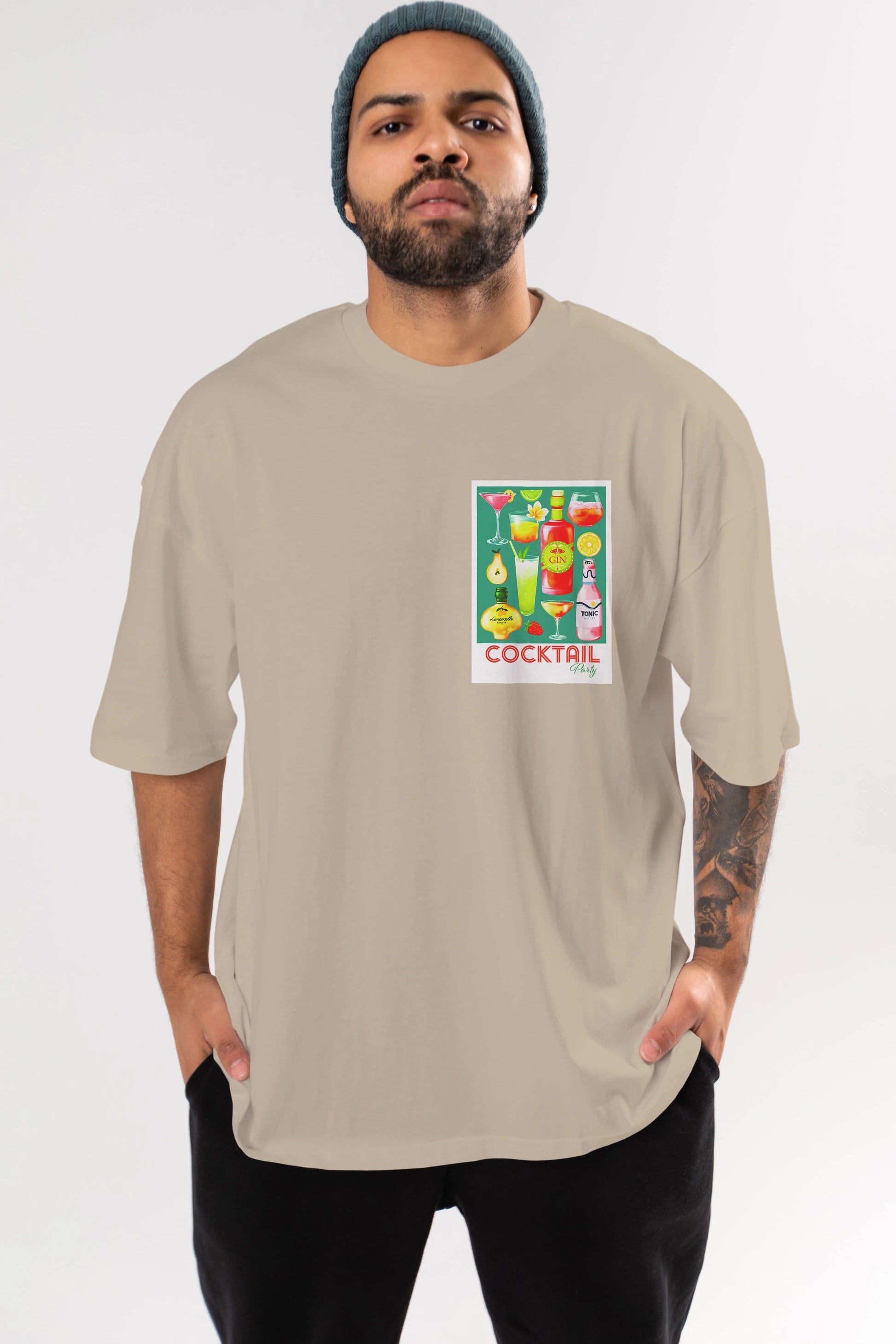 Cocktail Party 2 Ön Sol Baskılı Oversize t-shirt Erkek Kadın Unisex %100 Pamuk Bisiklet Yaka tişort