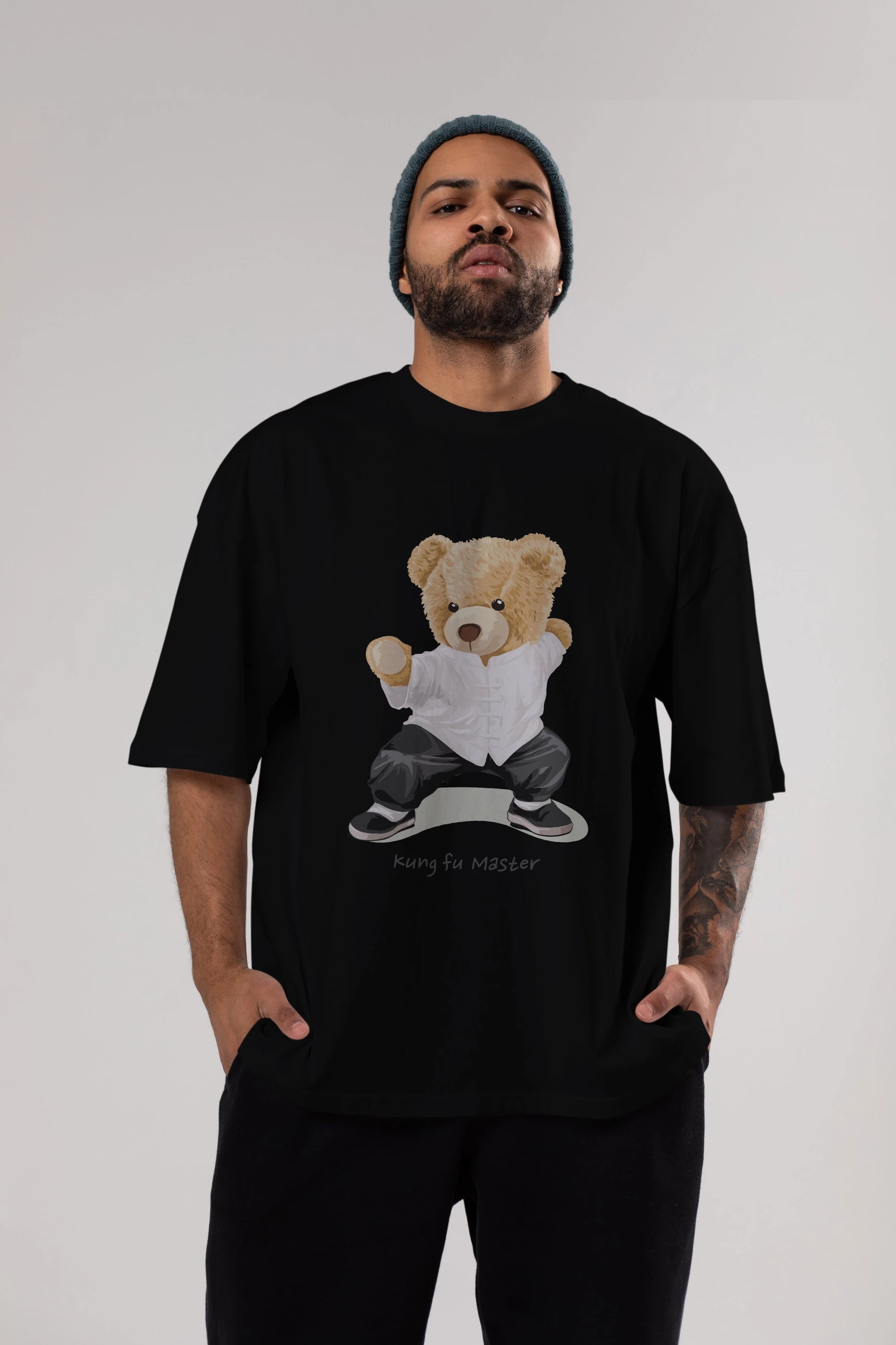 Teddy Bear Kung Fu Master Ön Baskılı Oversize t-shirt Erkek Kadın Unisex %100 Pamuk