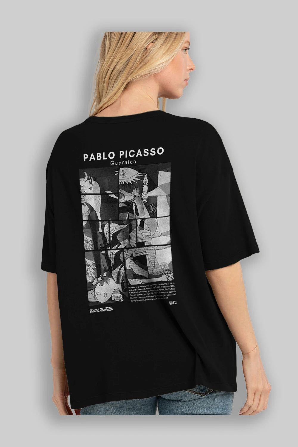 Pablo Picasso Guernica Arka Baskılı Oversize t-shirt Erkek Kadın Bisiklet Yaka Pamuk tişort
