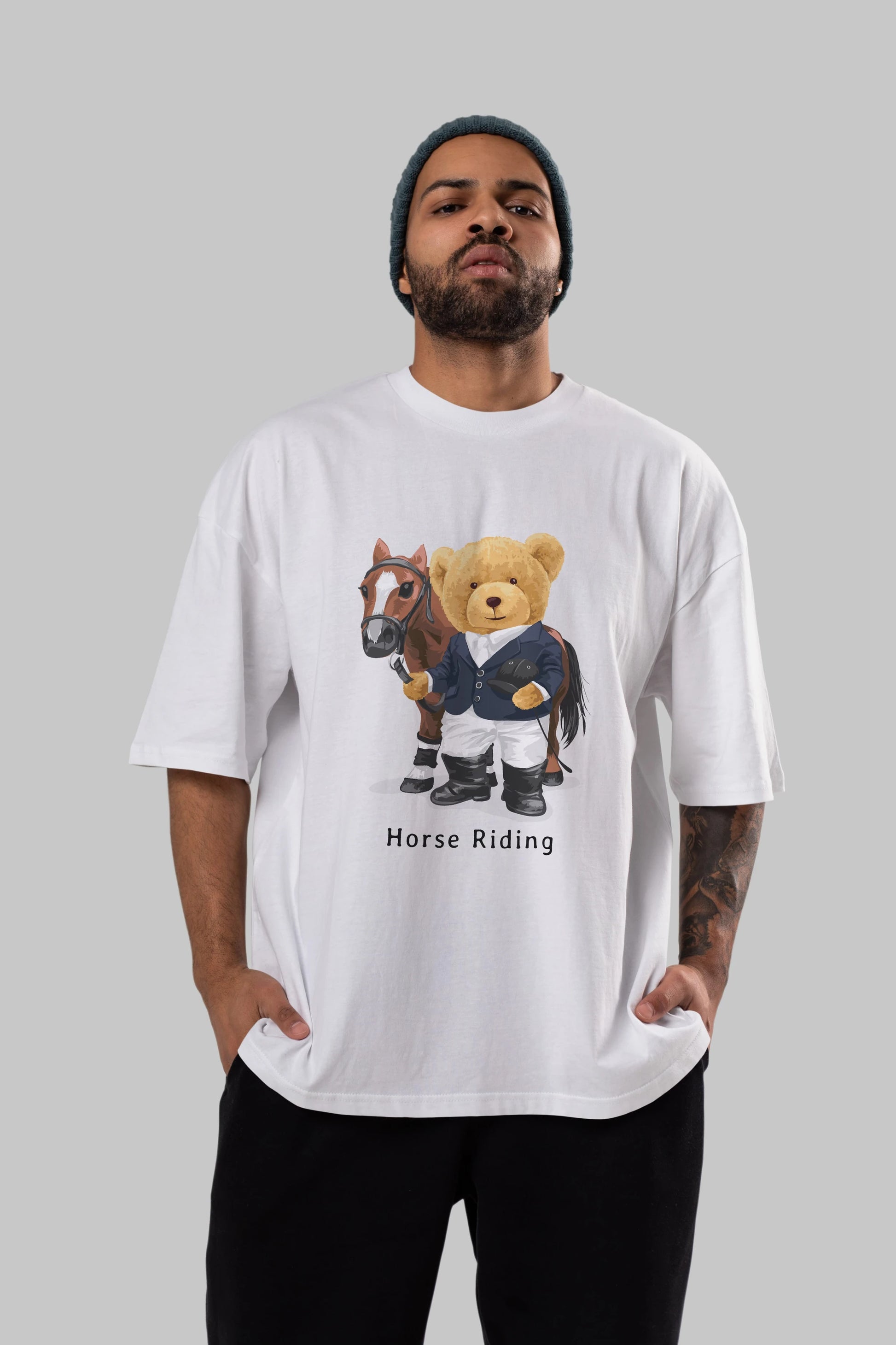 Teddy Bear Horse Riding Ön Baskılı Oversize t-shirt Erkek Kadın Unisex %100 Pamuk