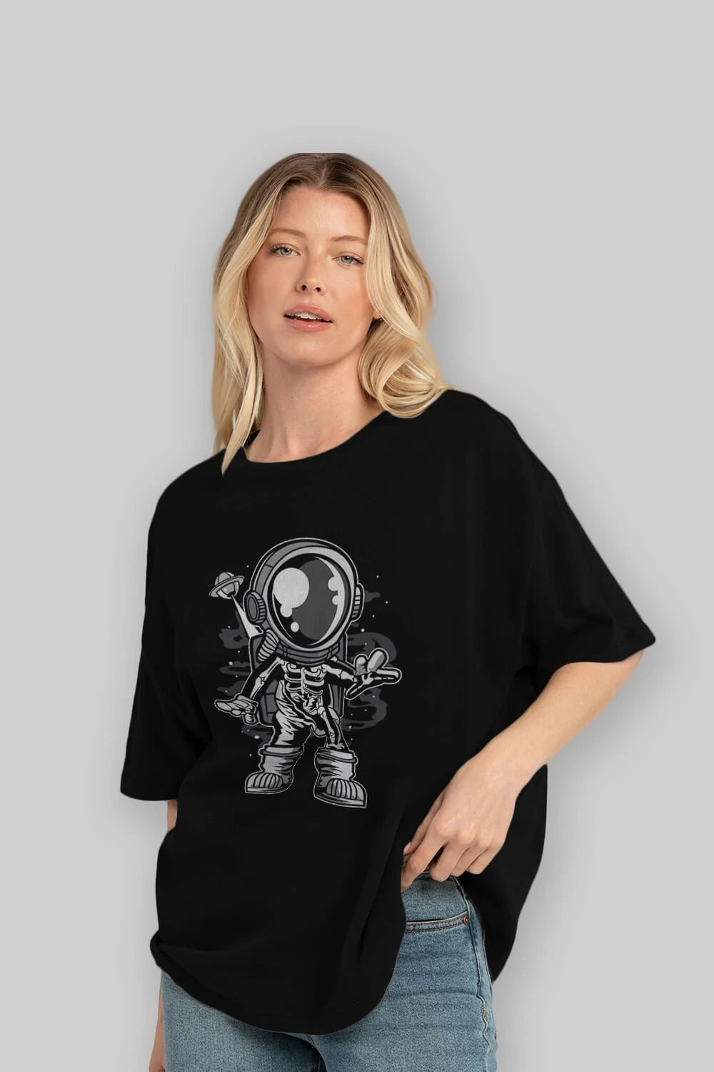 Space Skeleton Ön Baskılı Oversize t-shirt Erkek Kadın Unisex