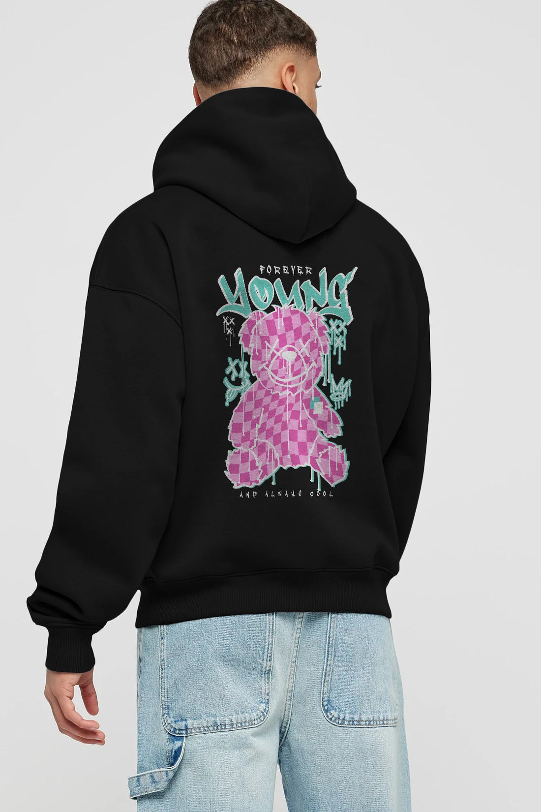 Young and Always Cool Bear Arka Baskılı Hoodie Oversize Kapüşonlu Sweatshirt Erkek Kadın Unisex