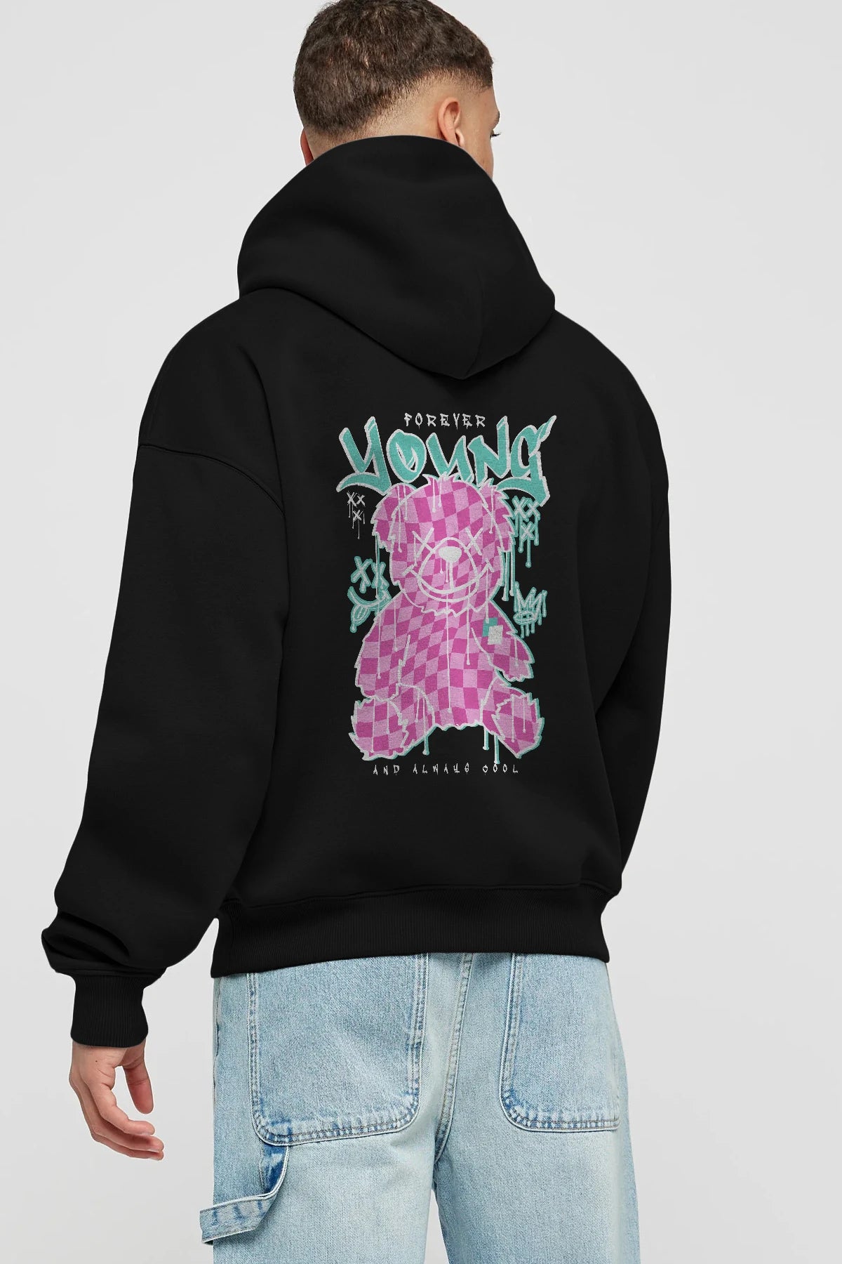 Young and Always Cool Bear Arka Baskılı Hoodie Oversize Kapüşonlu Sweatshirt Erkek Kadın Unisex