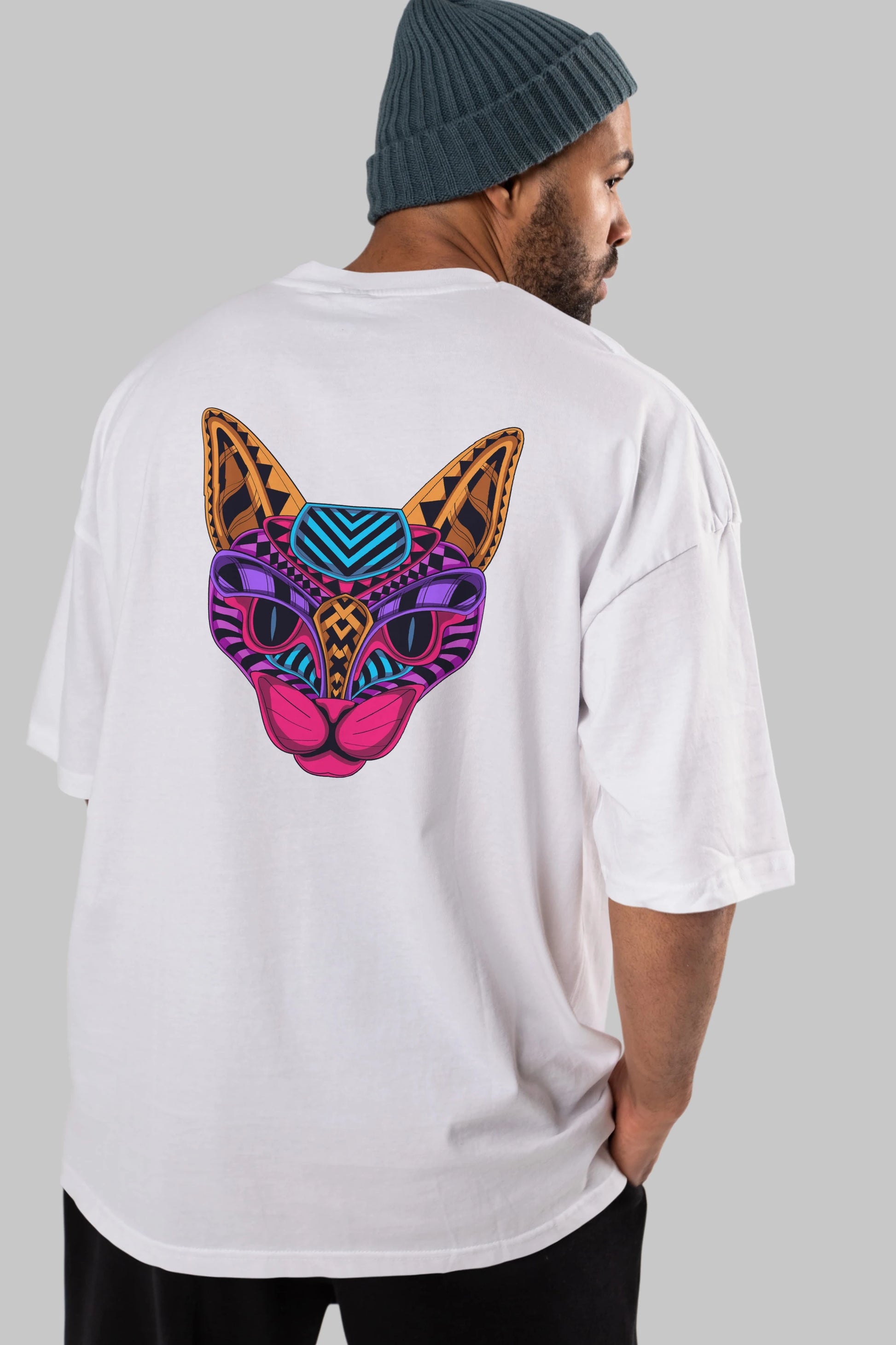 Black Neon Cat Arka Baskılı Oversize t-shirt Erkek Kadın Unisex
