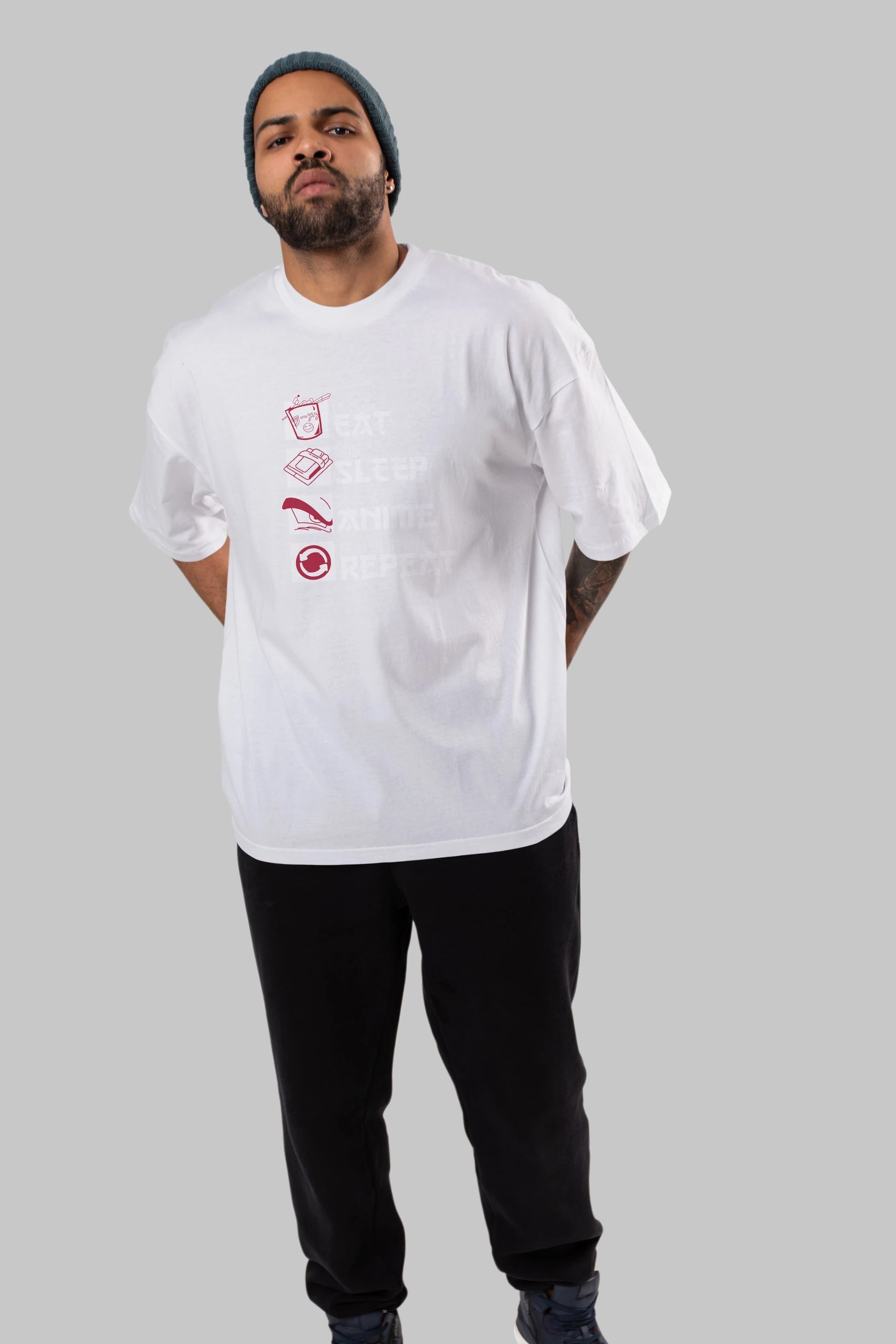 Eat, Sleep, Anime, Repeat Anime Ön Baskılı Oversize t-shirt %100 pamuk Erkek Kadın Unisex