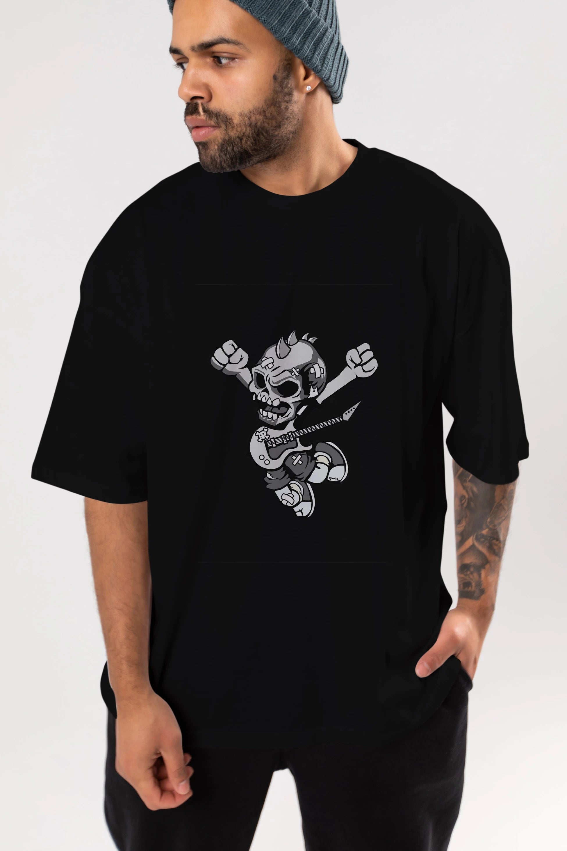 Punk Rocker Metal Guitar Ön Baskılı Oversize t-shirt Erkek Kadın Unisex %100 Pamuk tişort