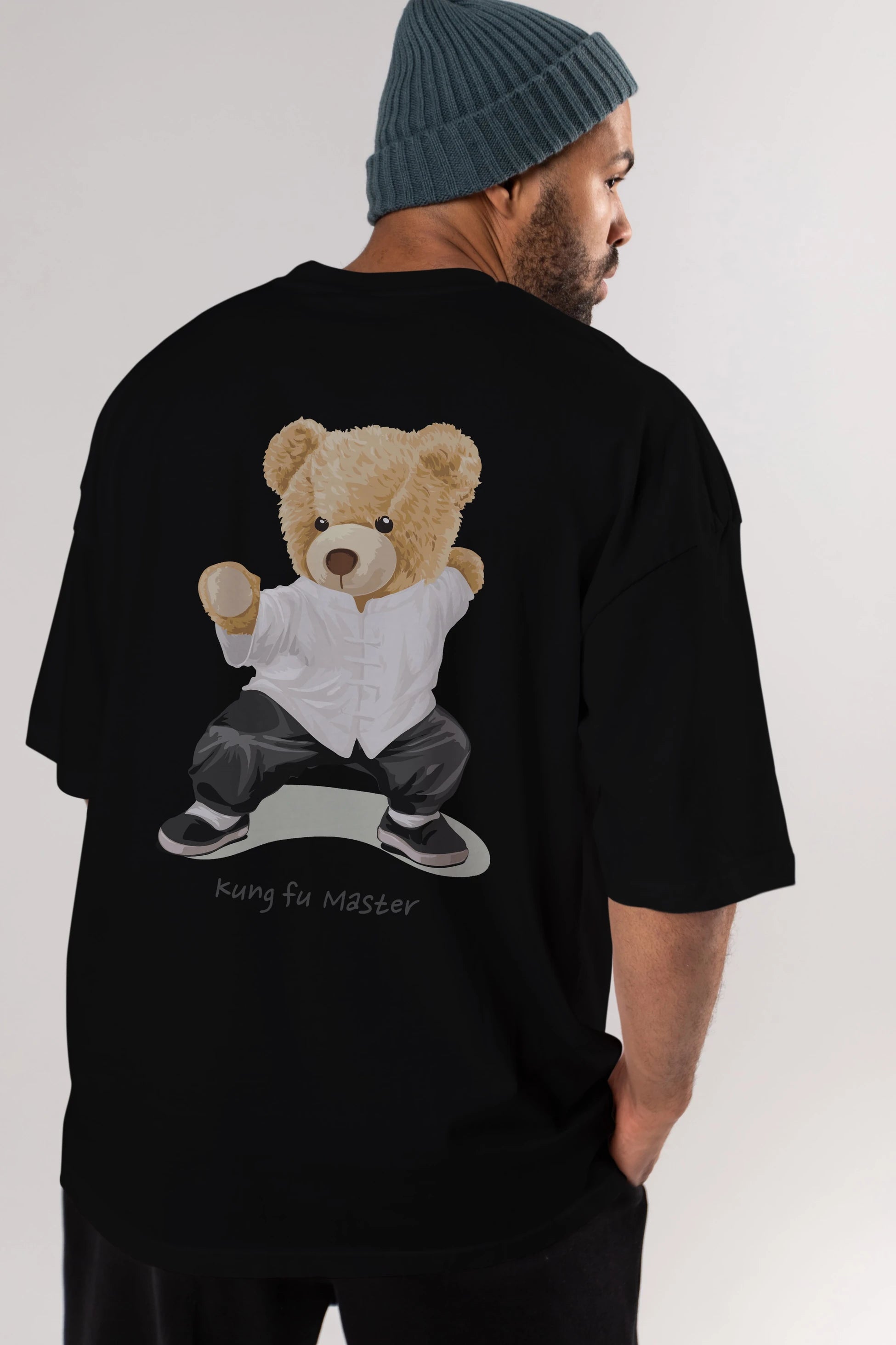 Teddy Bear Kung Fu Master Arka Baskılı Oversize t-shirt Erkek Kadın Unisex %100 Pamuk