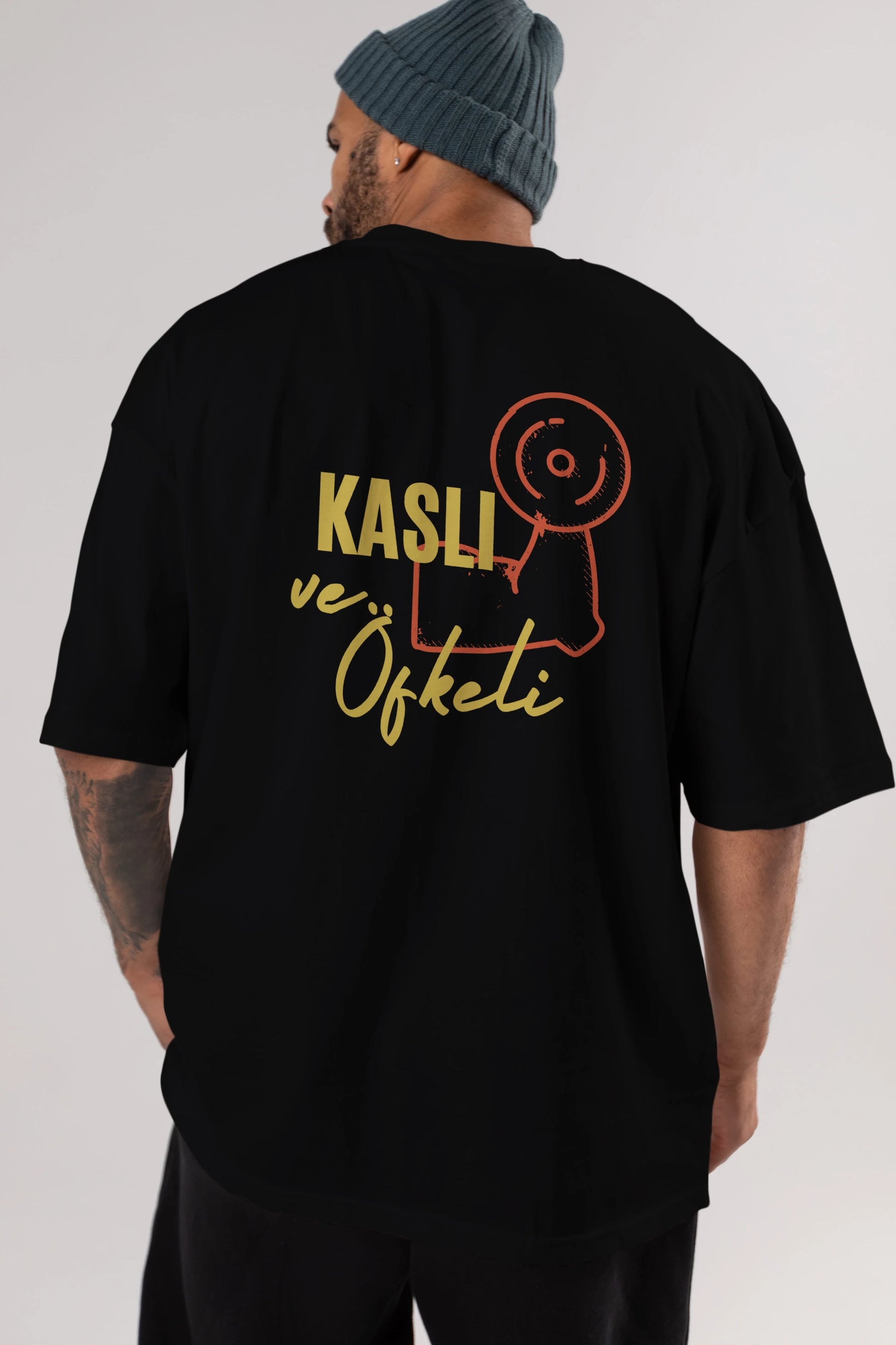 Kaslı ve Öfkeli Yazılı Arka Baskılı Oversize t-shirt Erkek Kadın Unisex