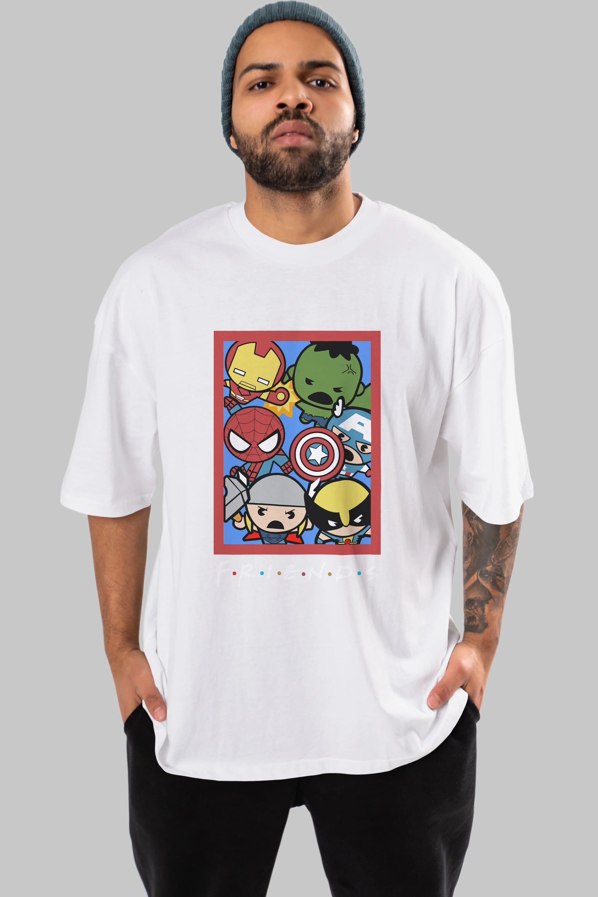 Friends Avenger Ön Baskılı Oversize t-shirt Erkek Kadın Unisex %100 Pamuk Bisiklet Yaka tişort