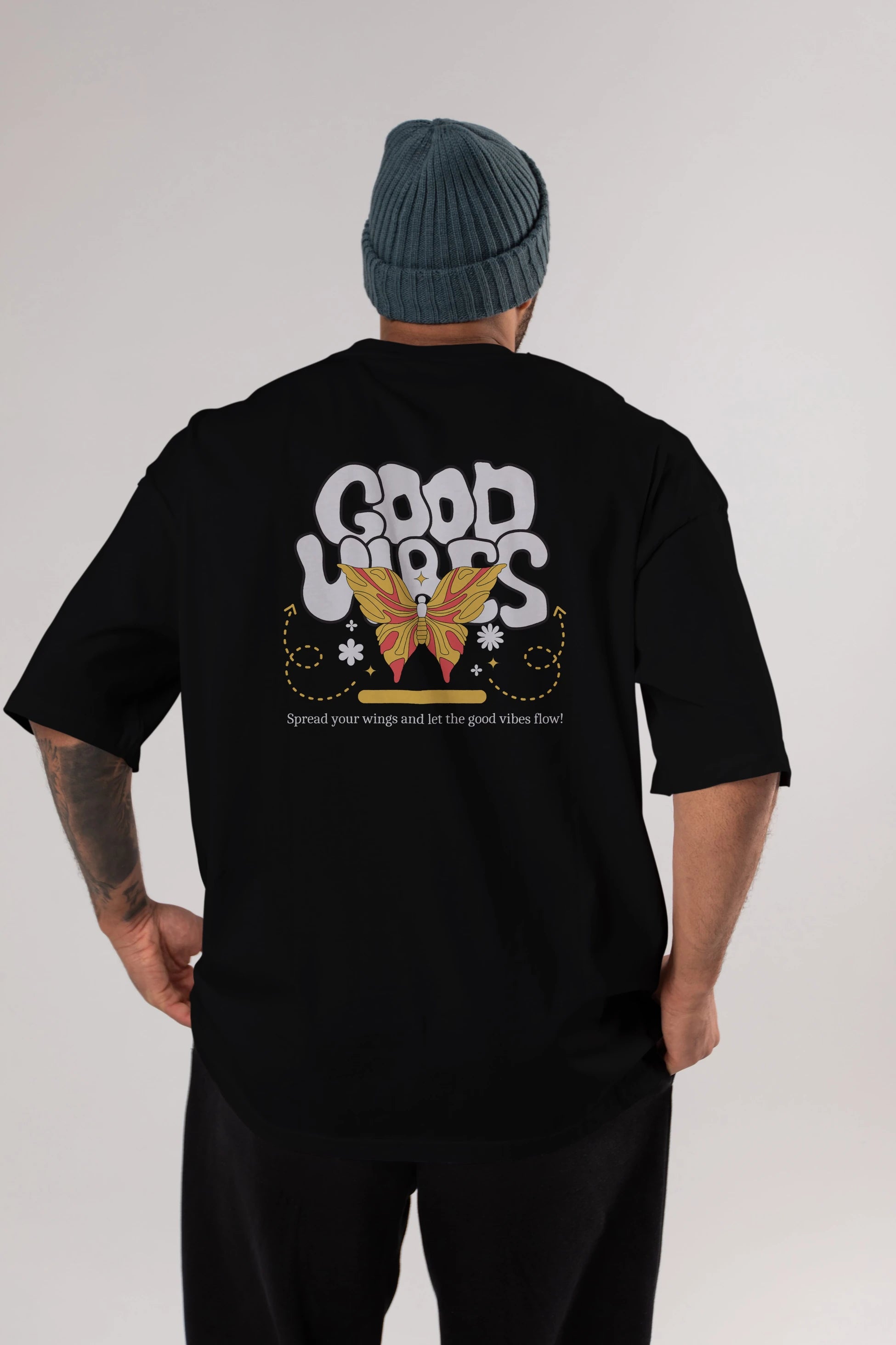 Good Vibes Yazılı 4 Arka Baskılı Oversize t-shirt Erkek Kadın Unisex