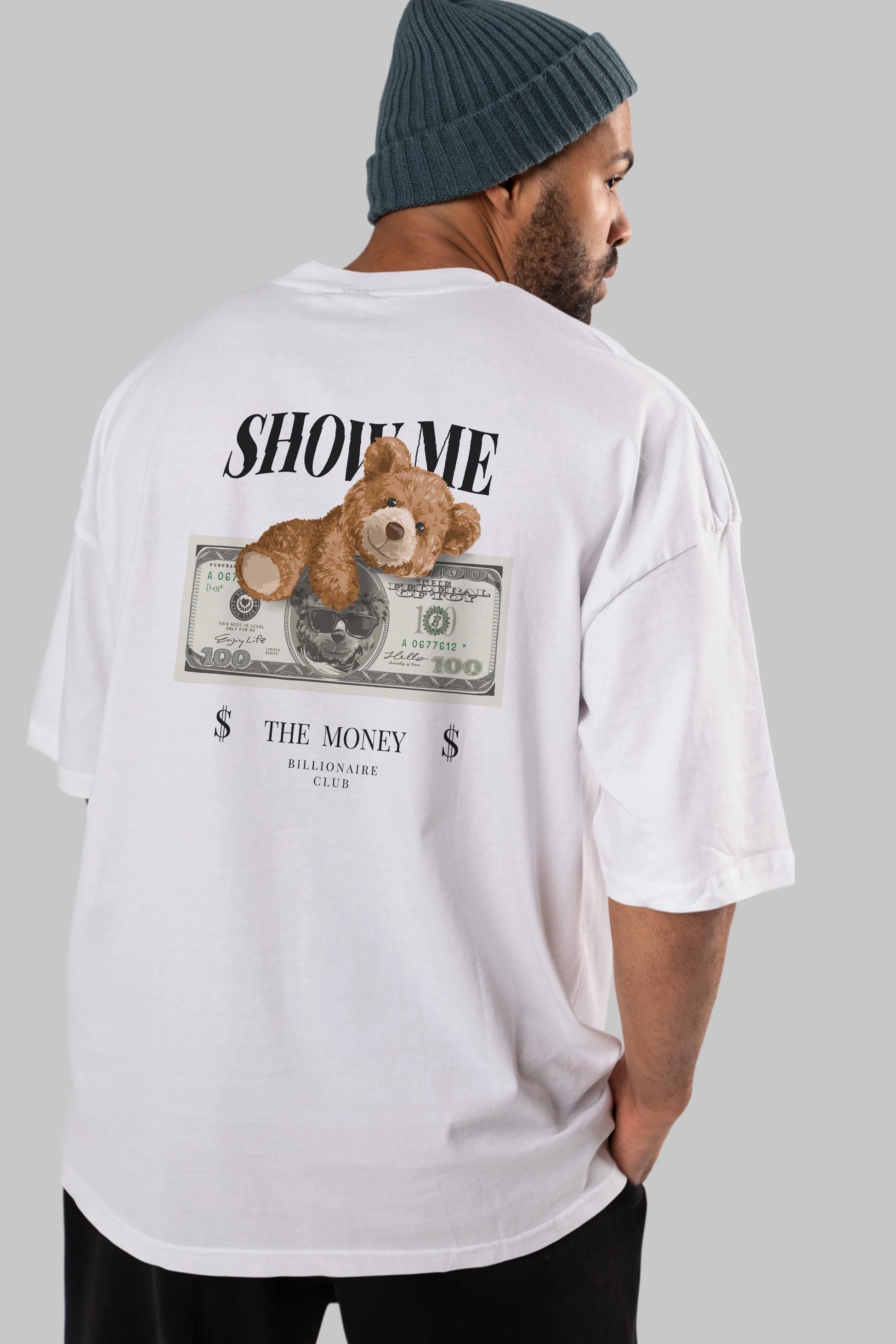 Teddy Bear The Money Arka Baskılı Oversize t-shirt Erkek Kadın Unisex %100 Pamuk