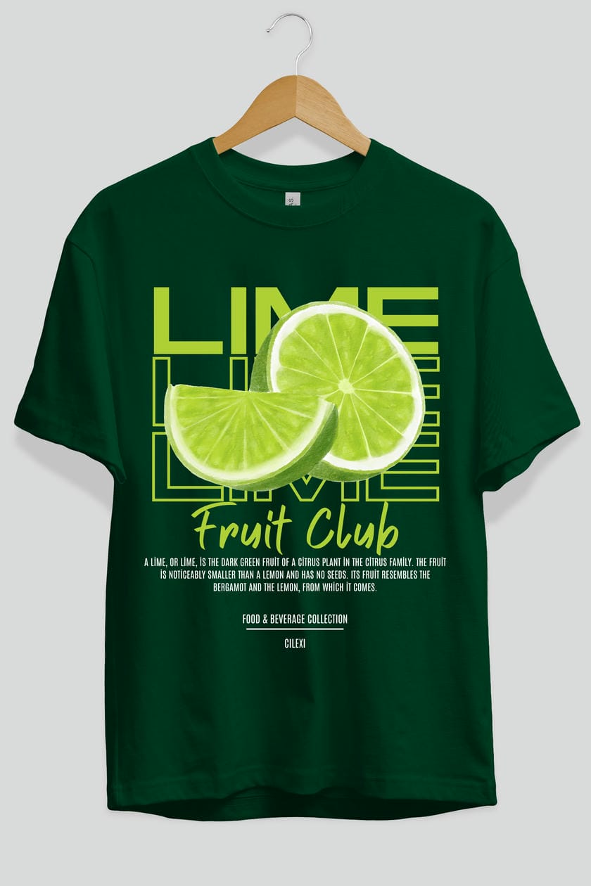 Lime Ön Baskılı Oversize t-shirt Erkek Kadın Pamuk Bisiklet Yaka tişort