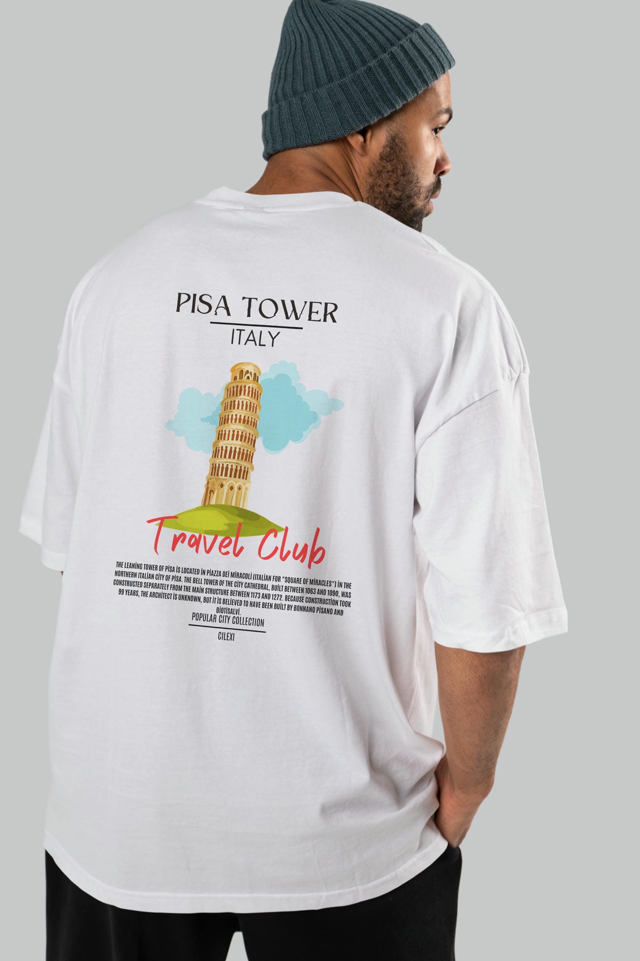 Pisa Tower İtaly Arka Baskılı Oversize t-shirt Erkek Kadın Pamuk Bisiklet Yaka tişort