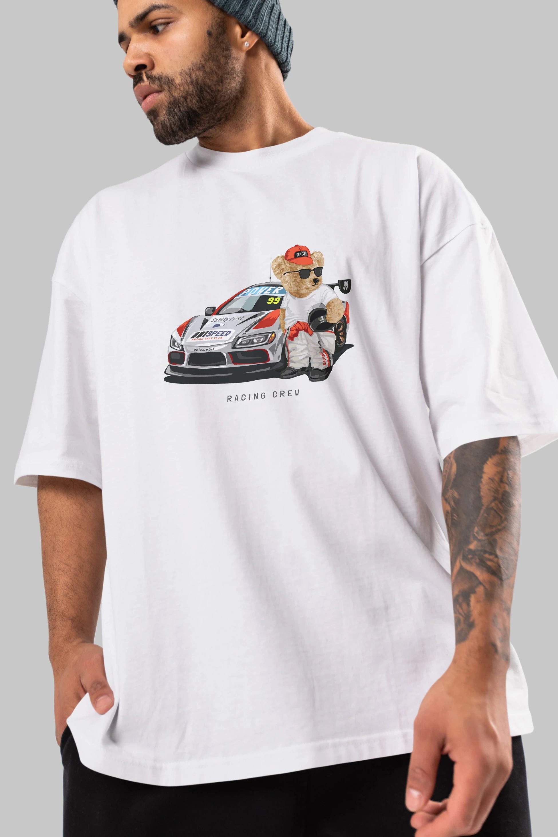 Teddy Bear Racing Crew Ön Baskılı Oversize t-shirt Erkek Kadın Unisex %100 Pamuk