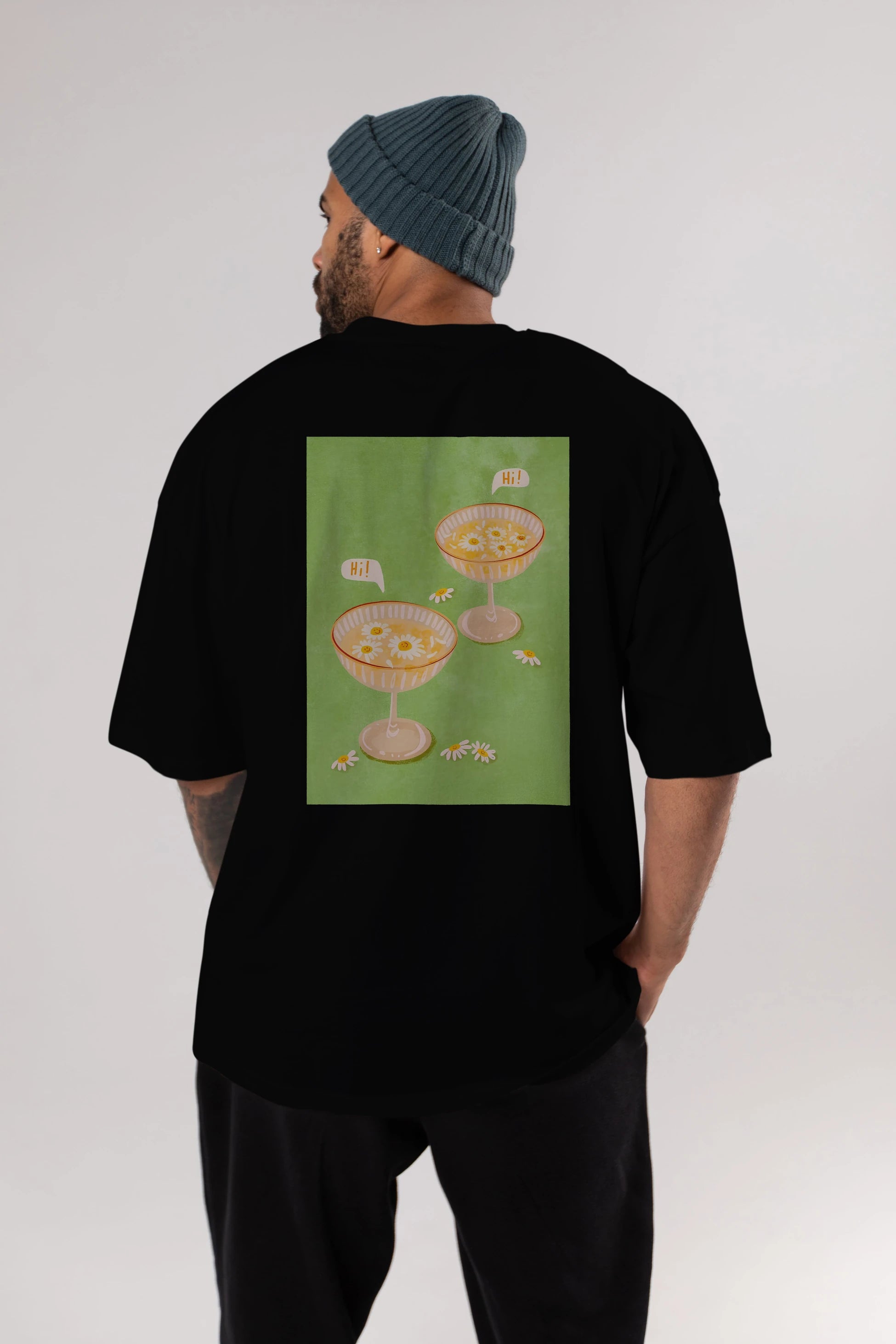 Hi Cheers Arka Baskılı Oversize t-shirt Erkek Kadın Unisex %100 Pamuk Bisiklet Yaka tişort