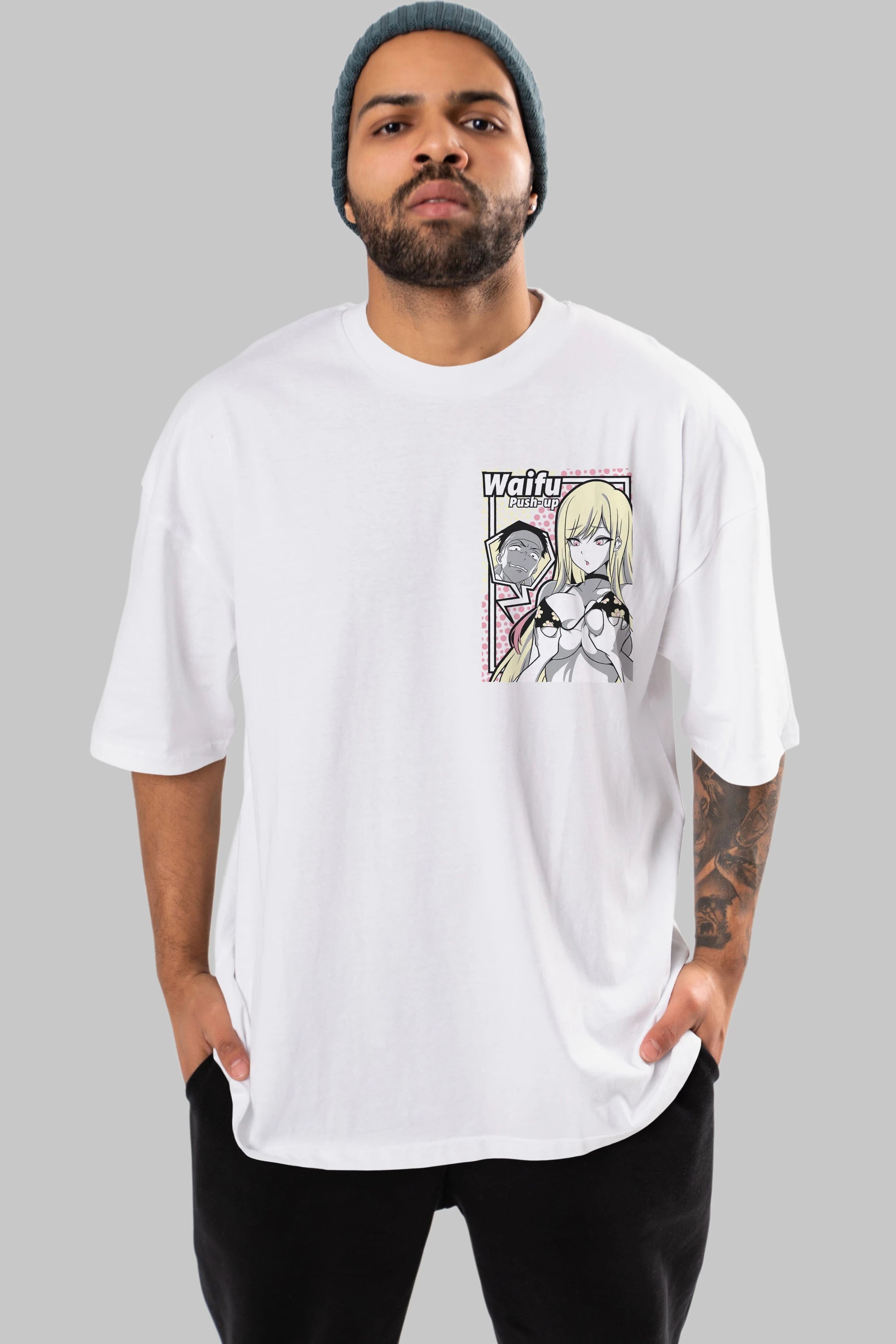 Waifu PushUp Ön Sol Baskılı Oversize t-shirt Erkek Kadın Unisex %100 Pamuk Bisiklet Yaka tişort
