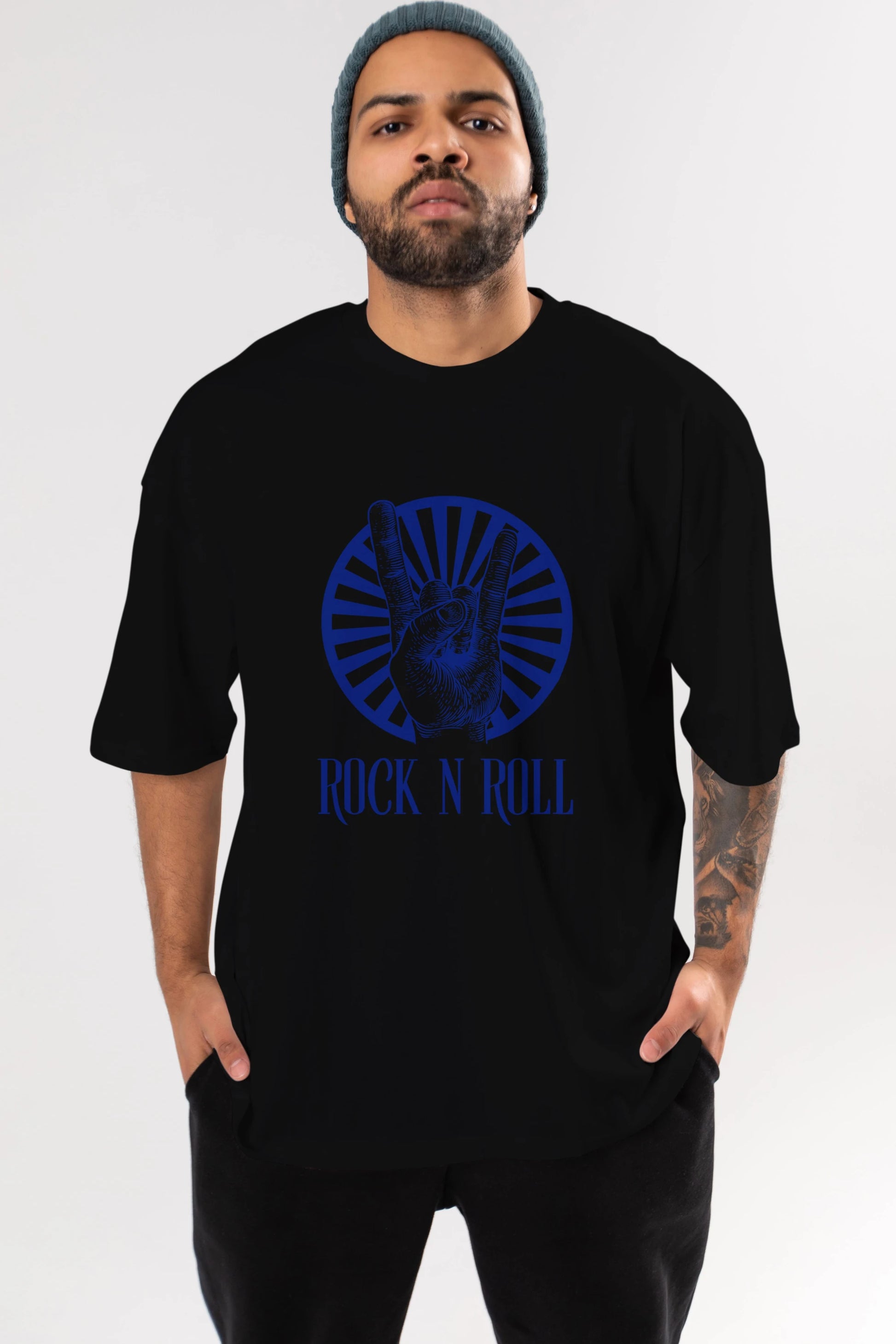 Rock N Roll Yazılı Ön Baskılı Oversize t-shirt Erkek Kadın Unisex
