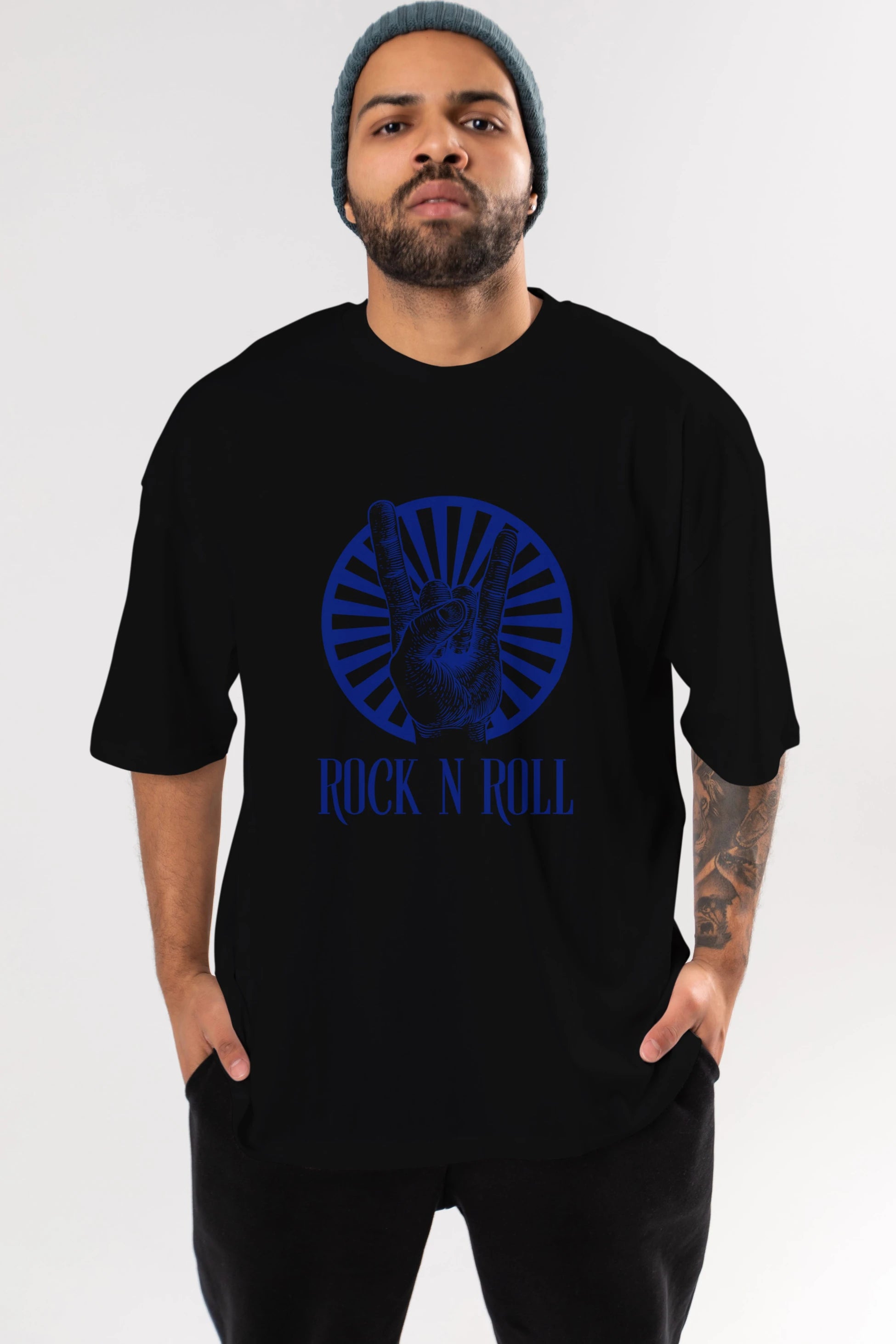 Rock N Roll Yazılı Ön Baskılı Oversize t-shirt Erkek Kadın Unisex
