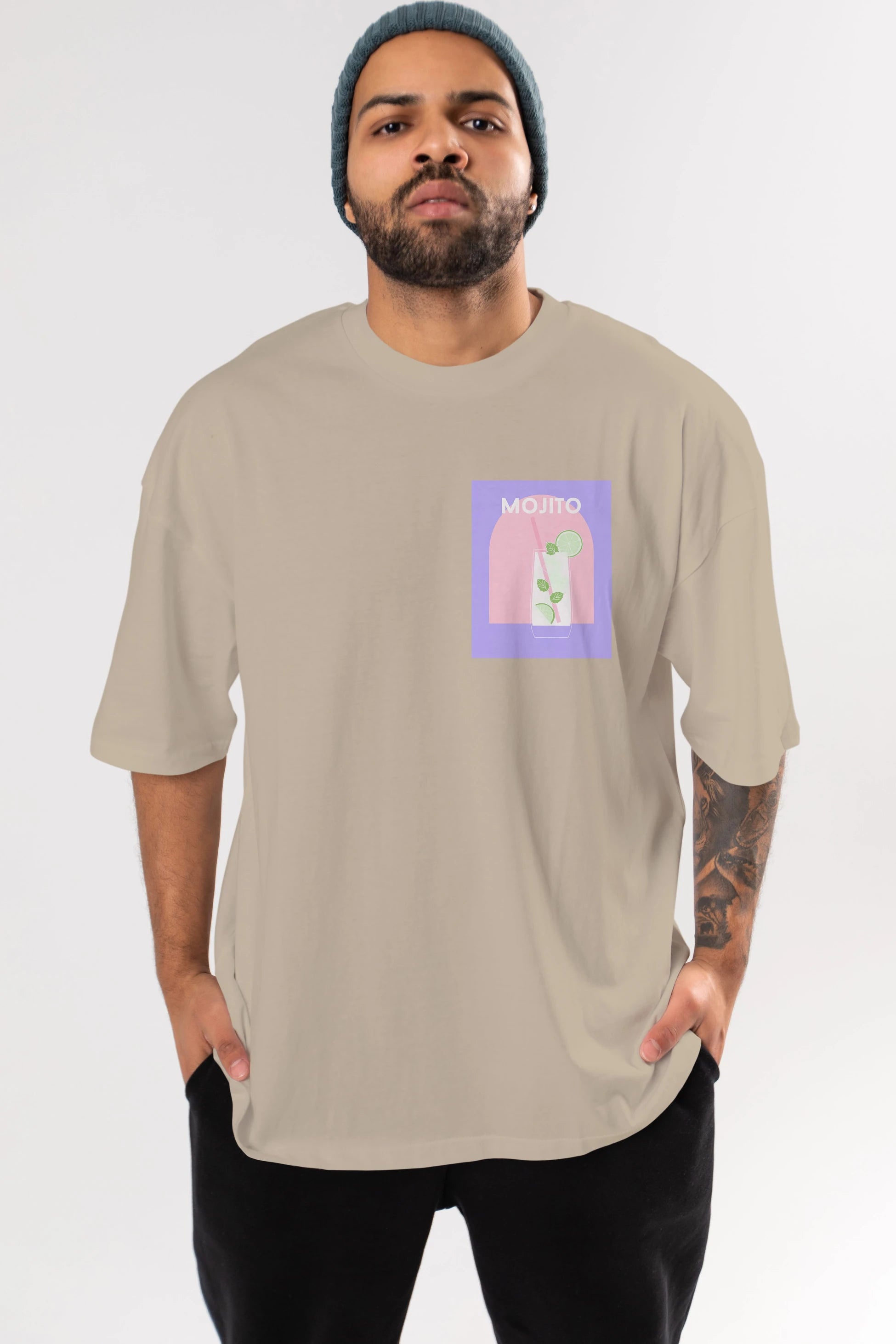 Mojito 2 Ön Sol Baskılı Oversize t-shirt Erkek Kadın Unisex %100 Pamuk Bisiklet Yaka tişort
