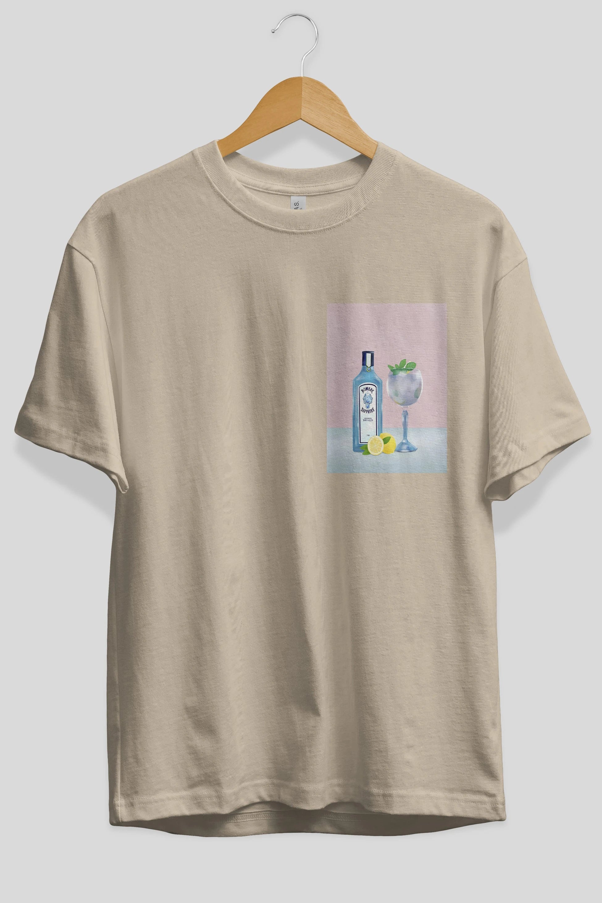 Bombay Sapphire Dry Gin Ön Sol Baskılı Oversize t-shirt Erkek Kadın Unisex %100 Pamuk Bisiklet Yaka tişort