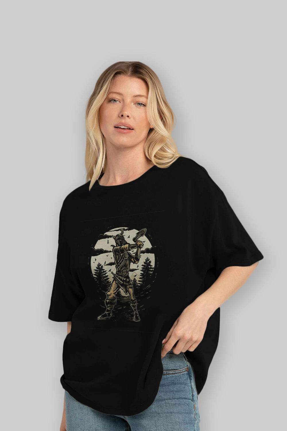 Viking Ön Baskılı Oversize t-shirt Erkek Kadın Unisex %100 Pamuk tişort