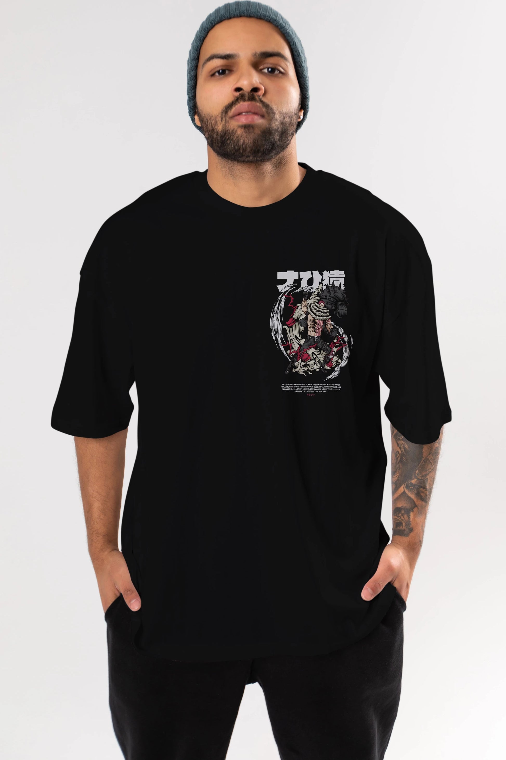 Katakuri Ön Sol Baskılı Oversize t-shirt Erkek Kadın Unisex %100 Pamuk Bisiklet Yaka tişort