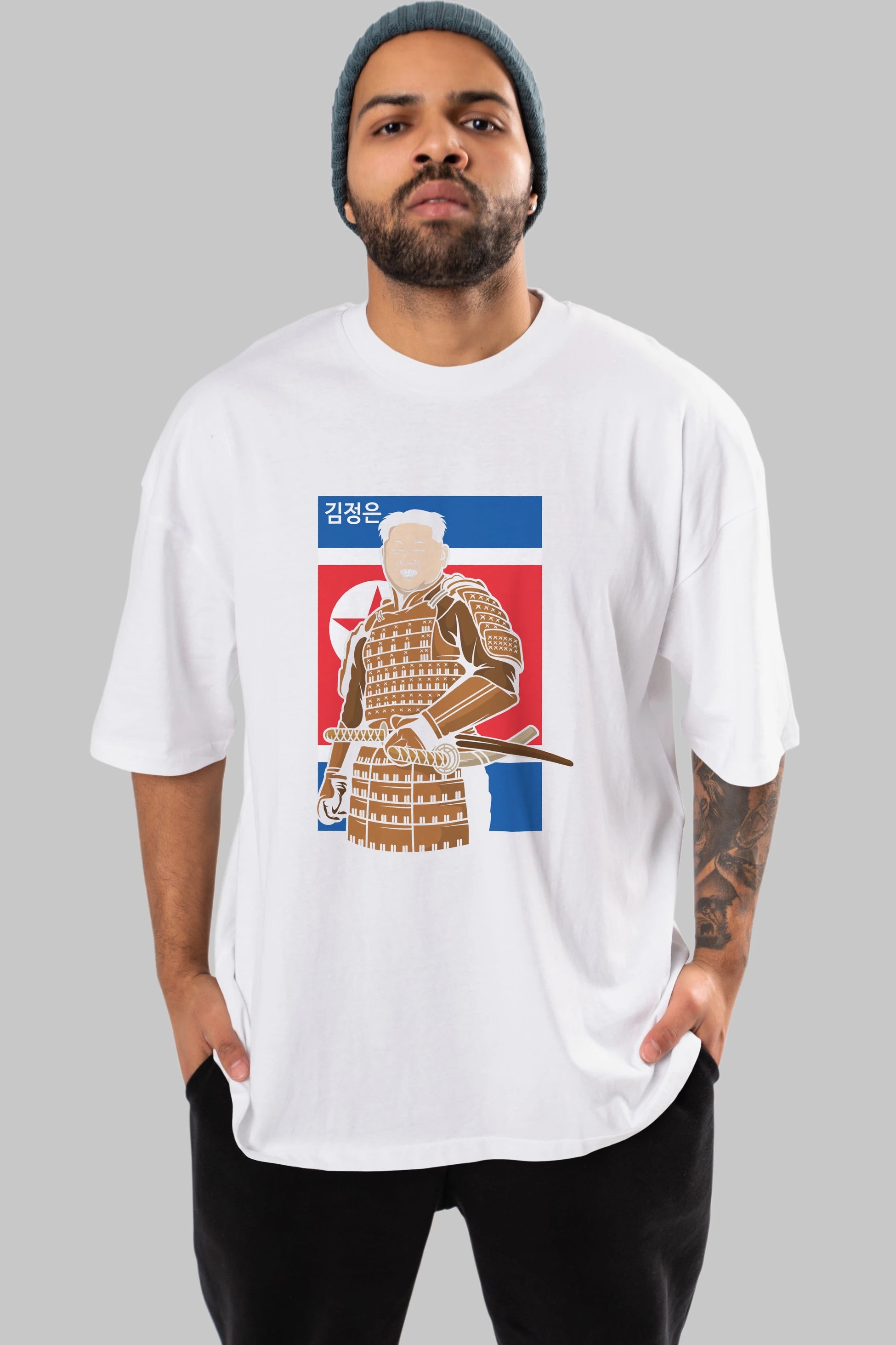 Samurai Jong Un Ön Baskılı Oversize t-shirt Erkek Kadın Unisex %100 Pamuk tişort