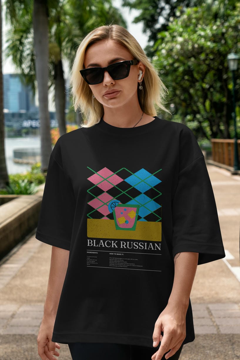 Black Russian Kokteyl Ön Baskılı Oversize t-shirt Erkek Kadın %100 Pamuk Bisiklet Yaka tişort