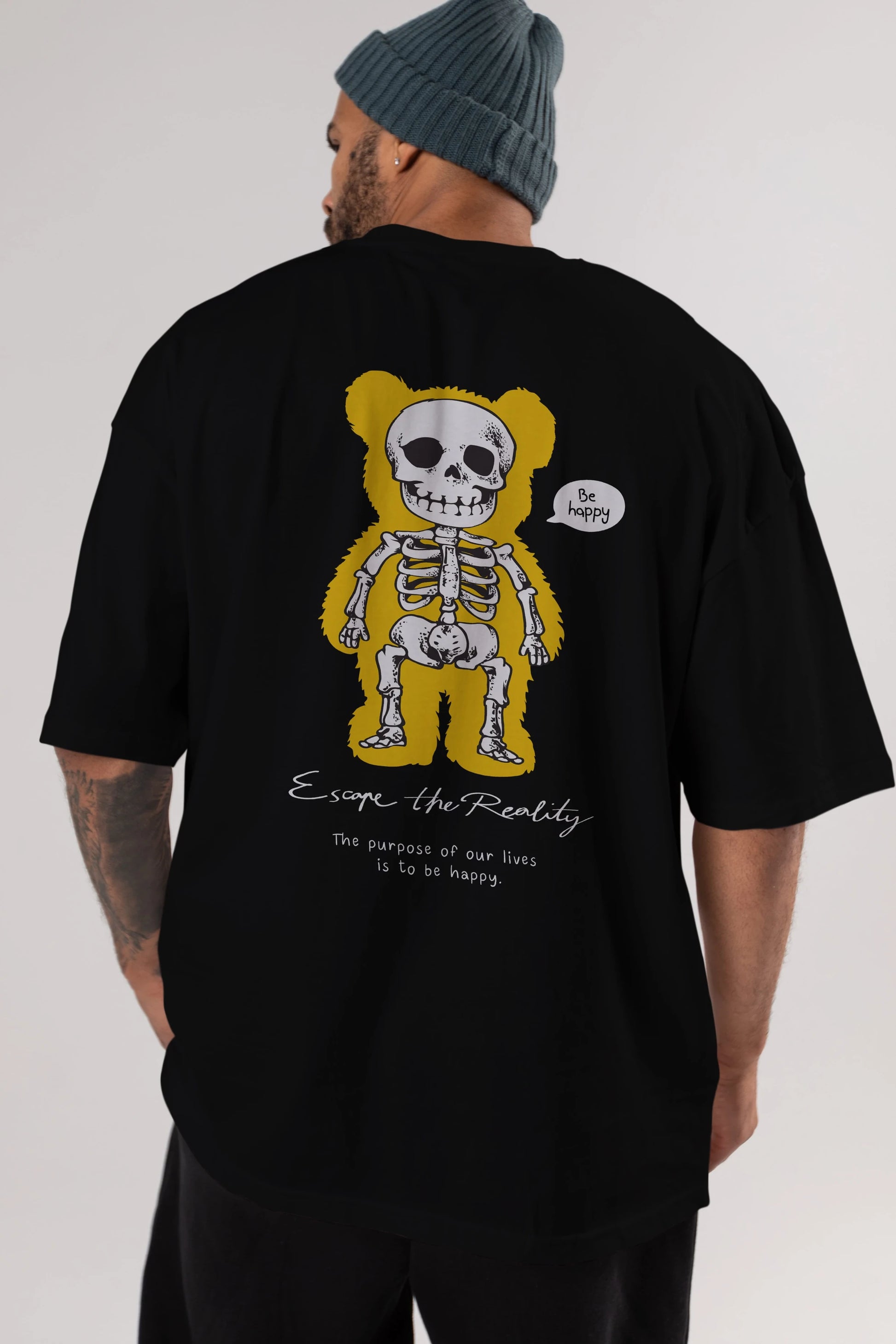 Be Happy Bear Arka Baskılı Oversize t-shirt Erkek Kadın Unisex
