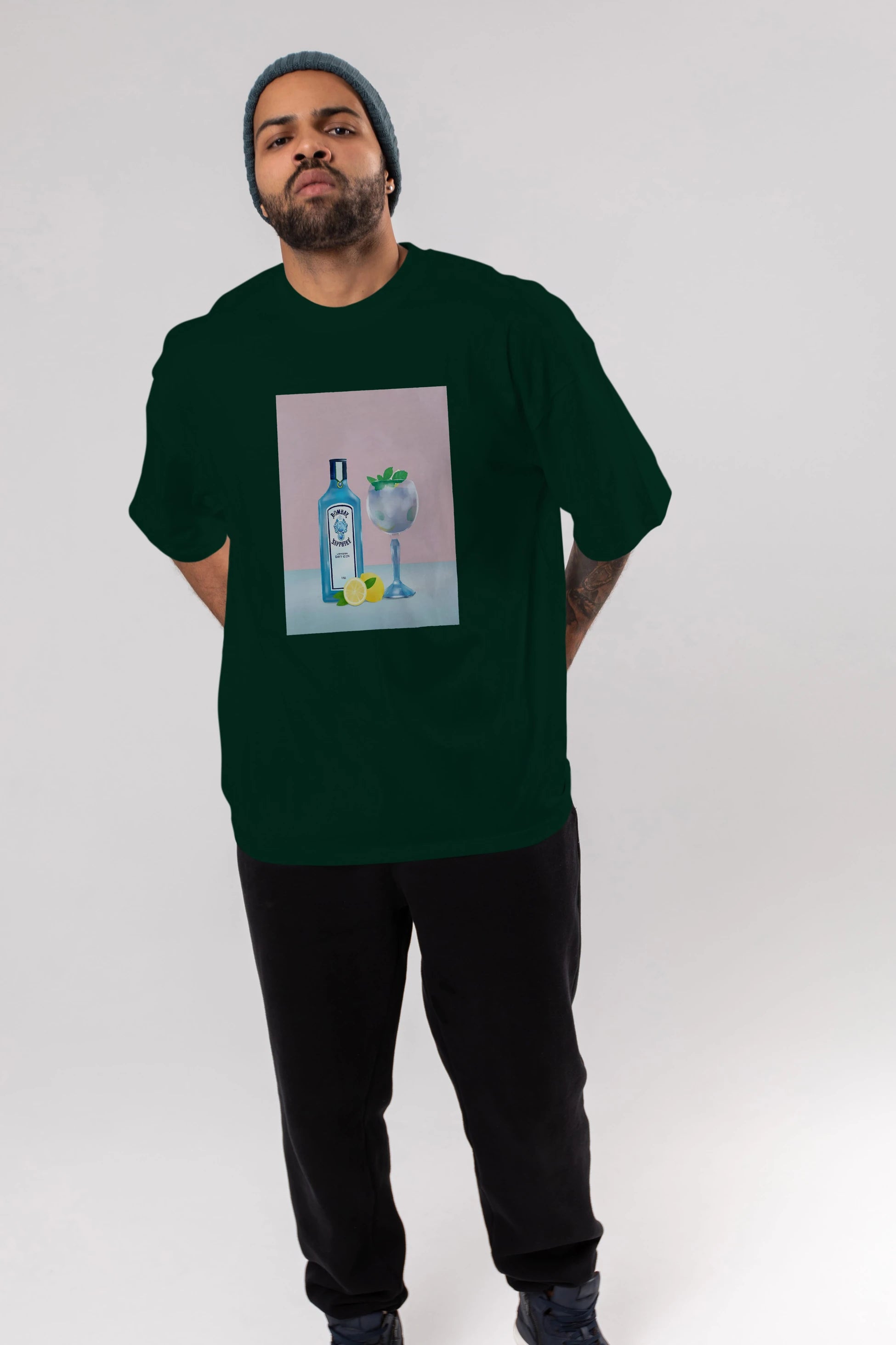 Bombay Sapphire Dry Gin Ön Baskılı Oversize t-shirt Erkek Kadın Unisex %100 Pamuk Bisiklet Yaka tişort