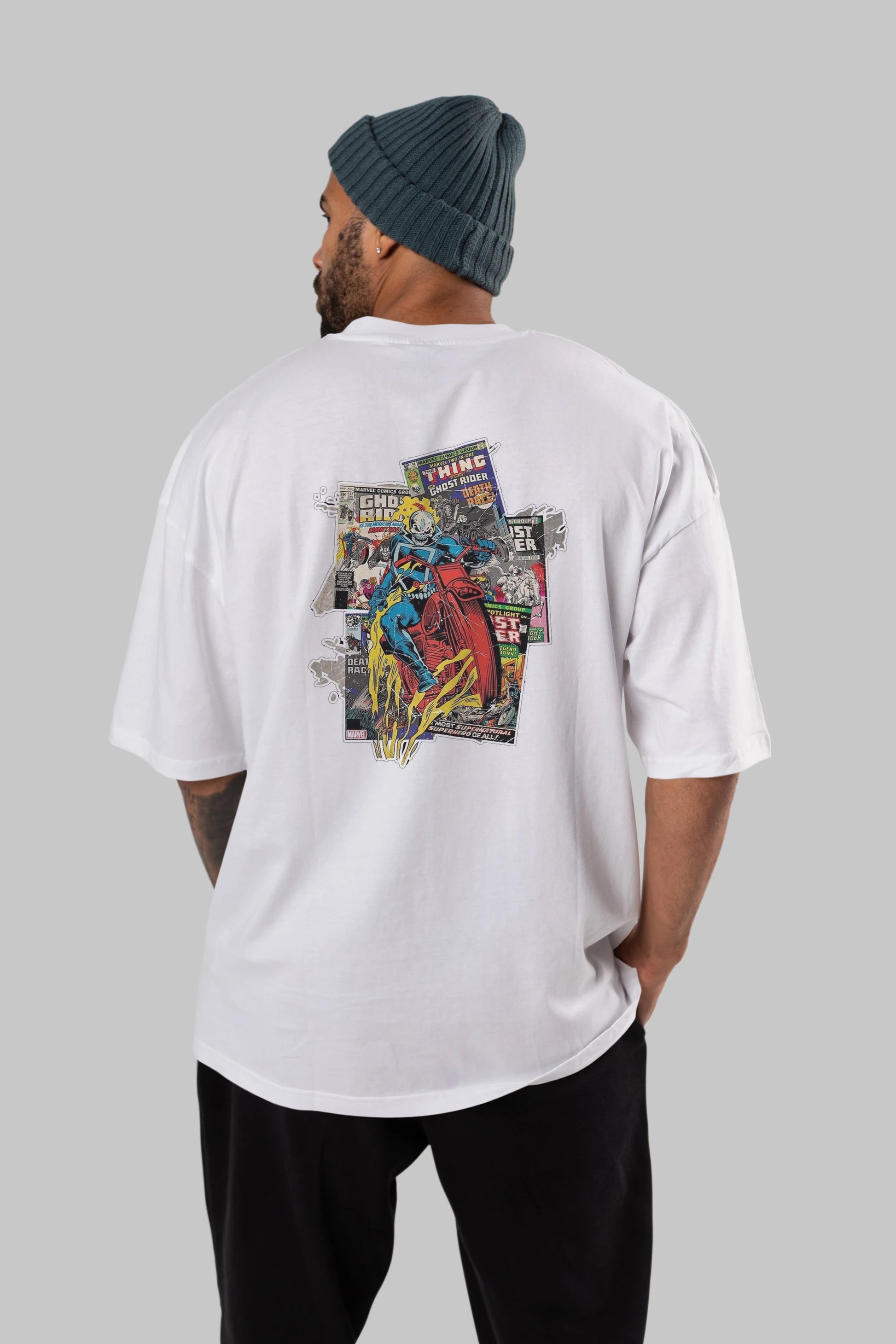 Ghost Rider Arka Baskılı Oversize t-shirt Erkek Kadın Unisex %100 Pamuk Bisiklet Yaka tişort