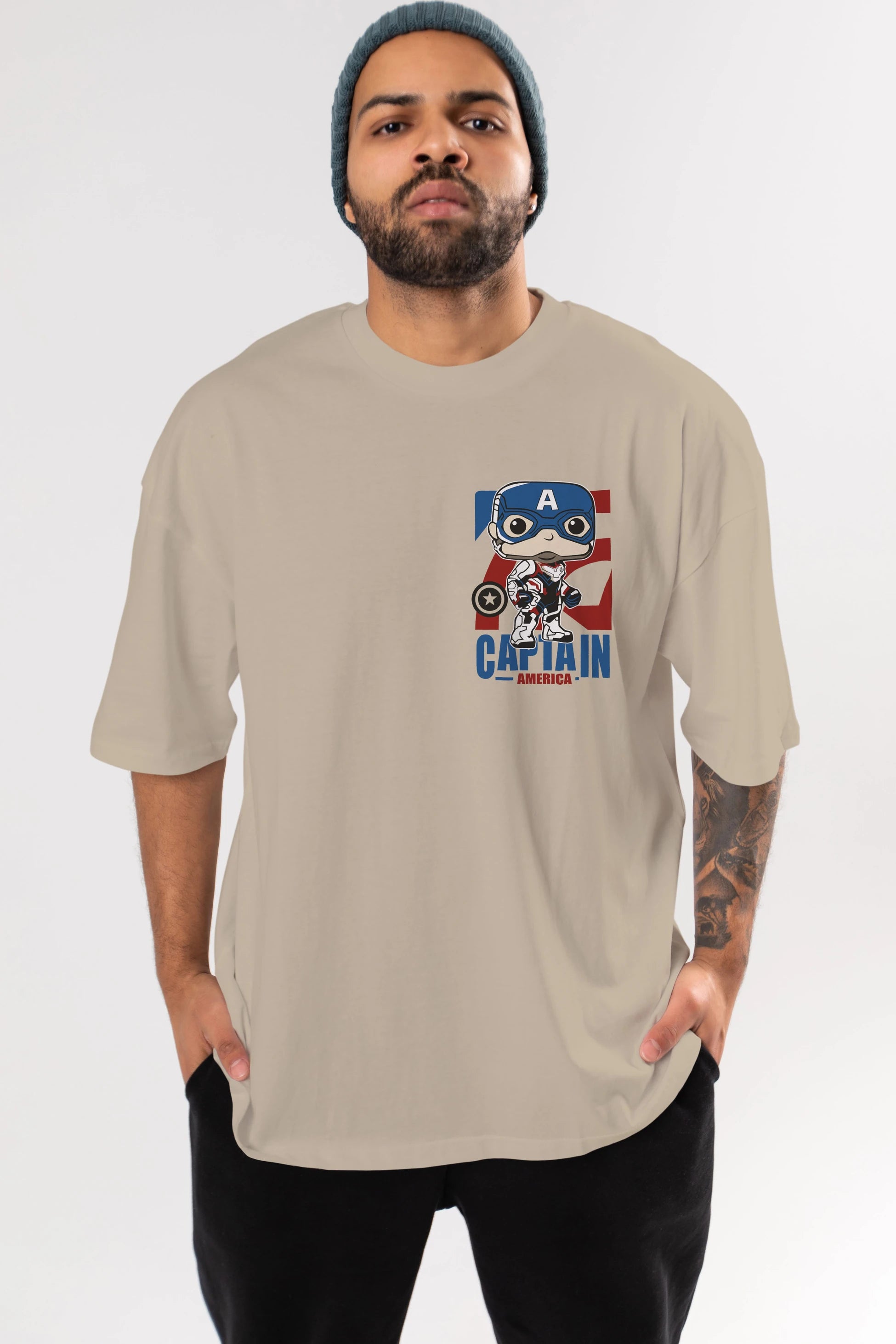 Captain America Ön Sol Baskılı Oversize t-shirt Erkek Kadın Unisex %100 Pamuk Bisiklet Yaka tişort
