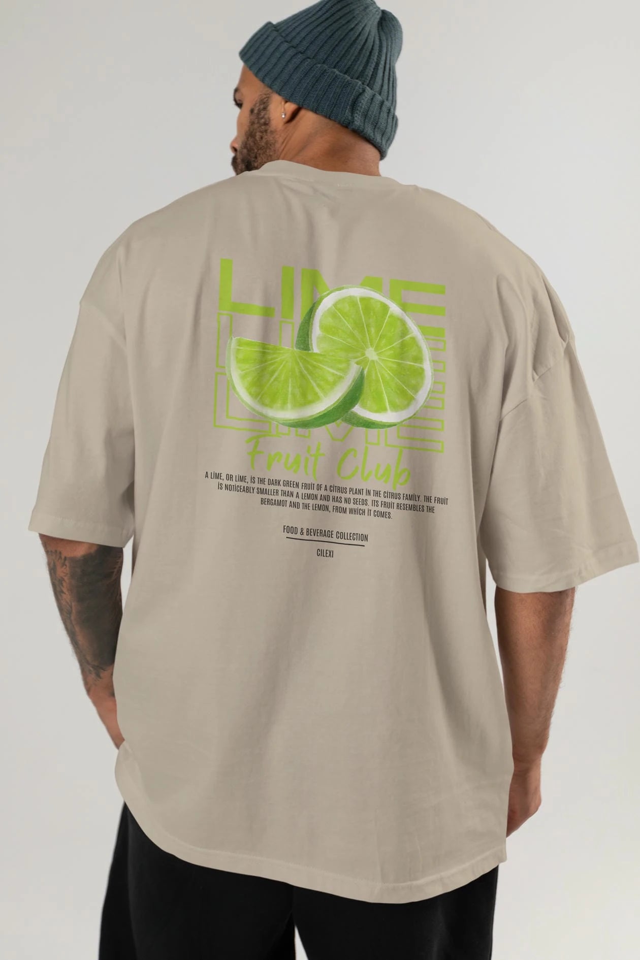 Lime Arka Baskılı Oversize t-shirt Erkek Kadın Pamuk Bisiklet Yaka tişort