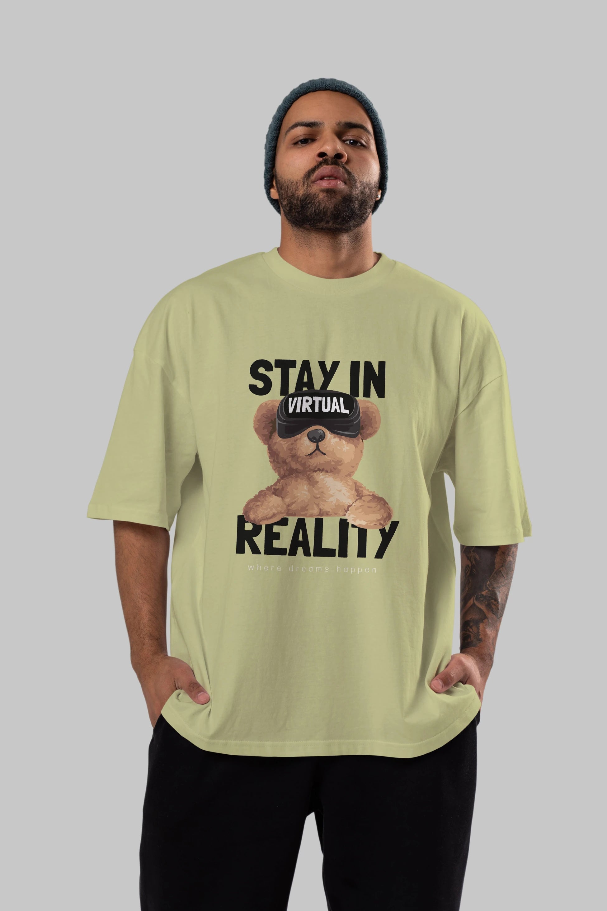 Teddy Stay In Reality Ön Baskılı Oversize t-shirt Erkek Kadın Unisex %100 Pamuk