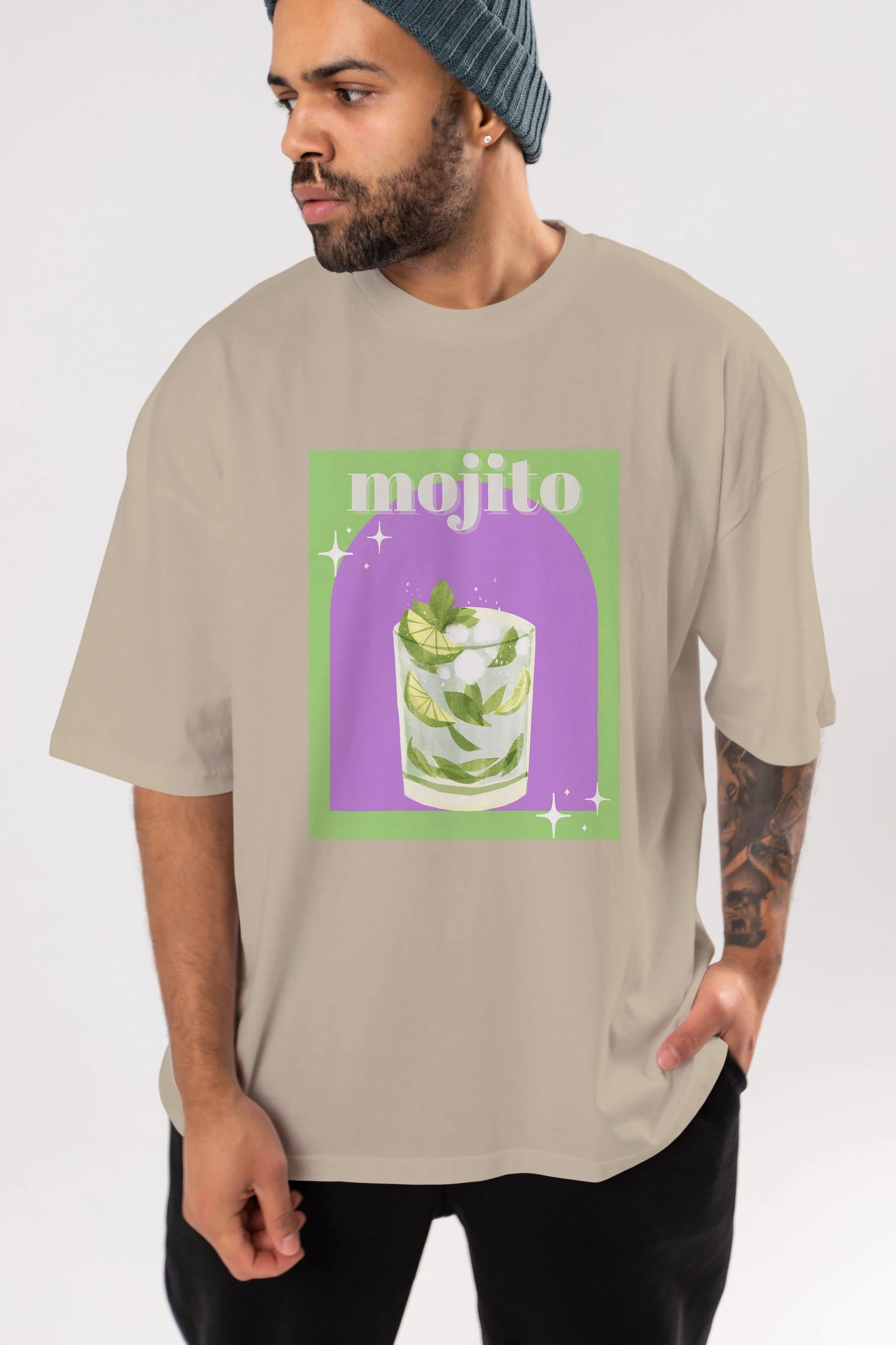 Mojito 3 Ön Baskılı Oversize t-shirt Erkek Kadın Unisex %100 Pamuk Bisiklet Yaka tişort