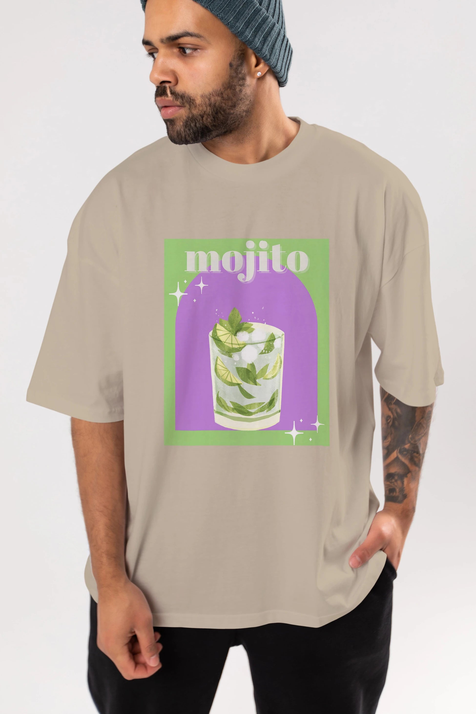 Mojito 3 Ön Baskılı Oversize t-shirt Erkek Kadın Unisex %100 Pamuk Bisiklet Yaka tişort