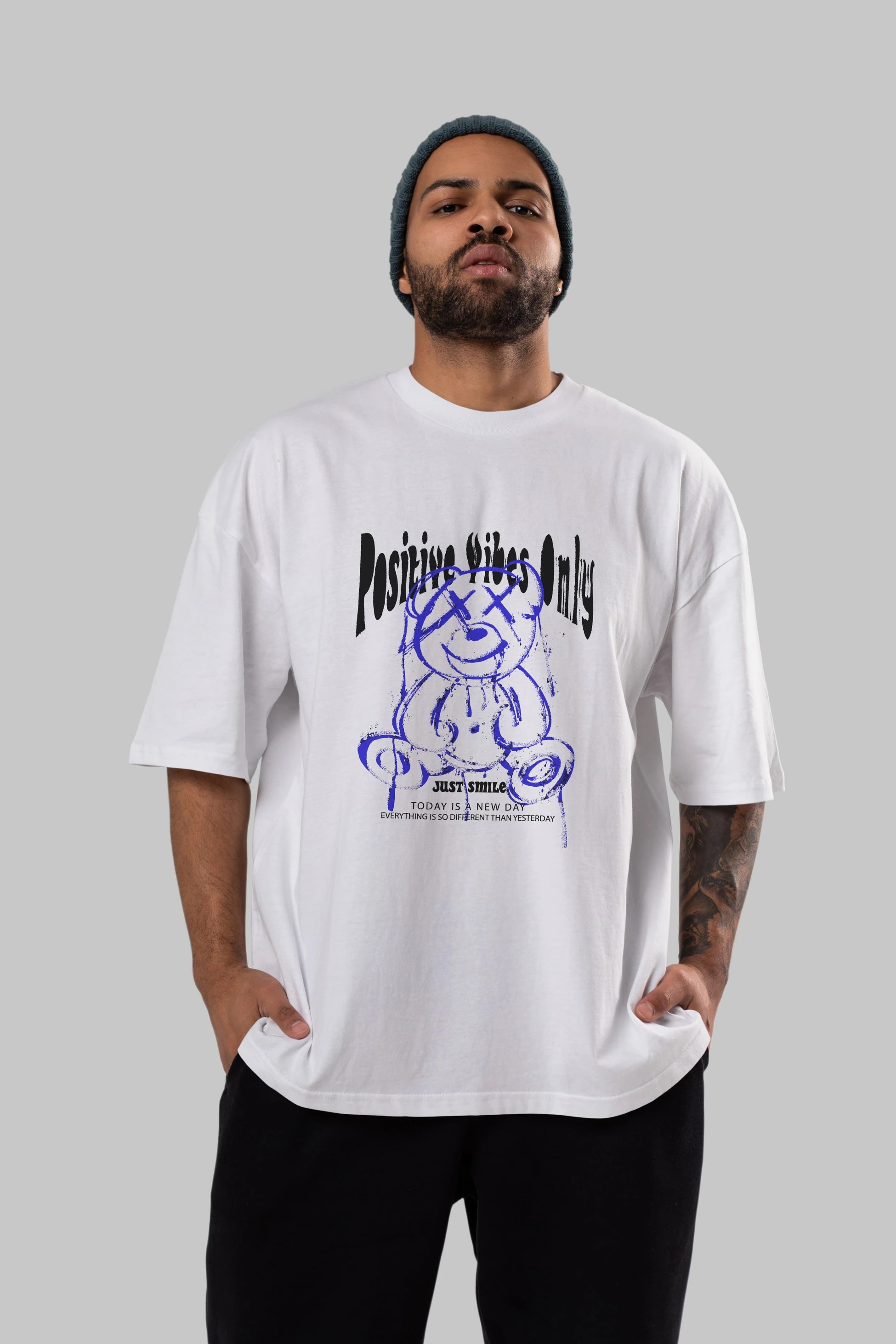 Positive Vibes Only Bear Ön Baskılı Oversize t-shirt Erkek Kadın Unisex