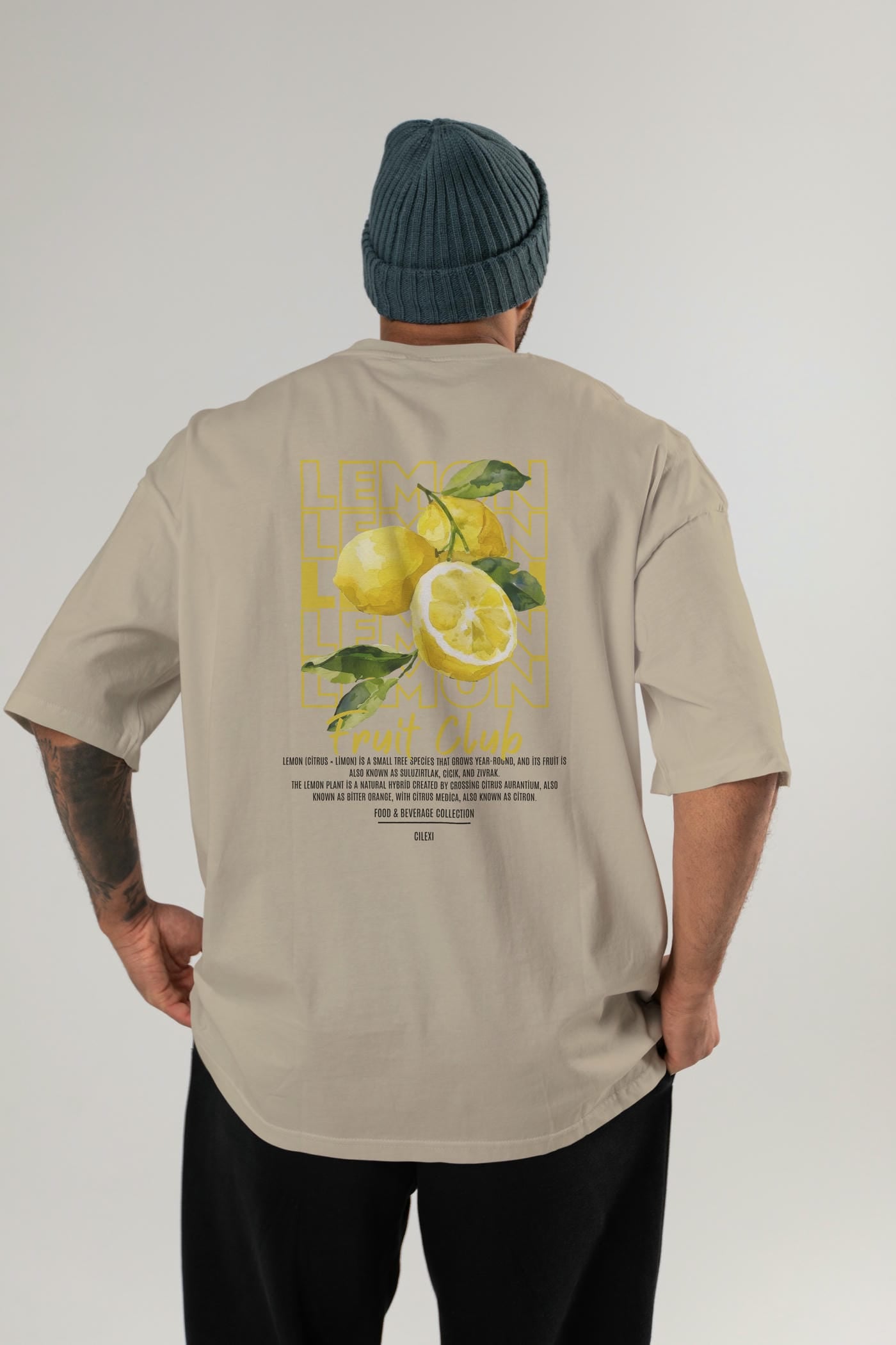 Lemon Arka Baskılı Oversize t-shirt Erkek Kadın Pamuk Bisiklet Yaka tişort