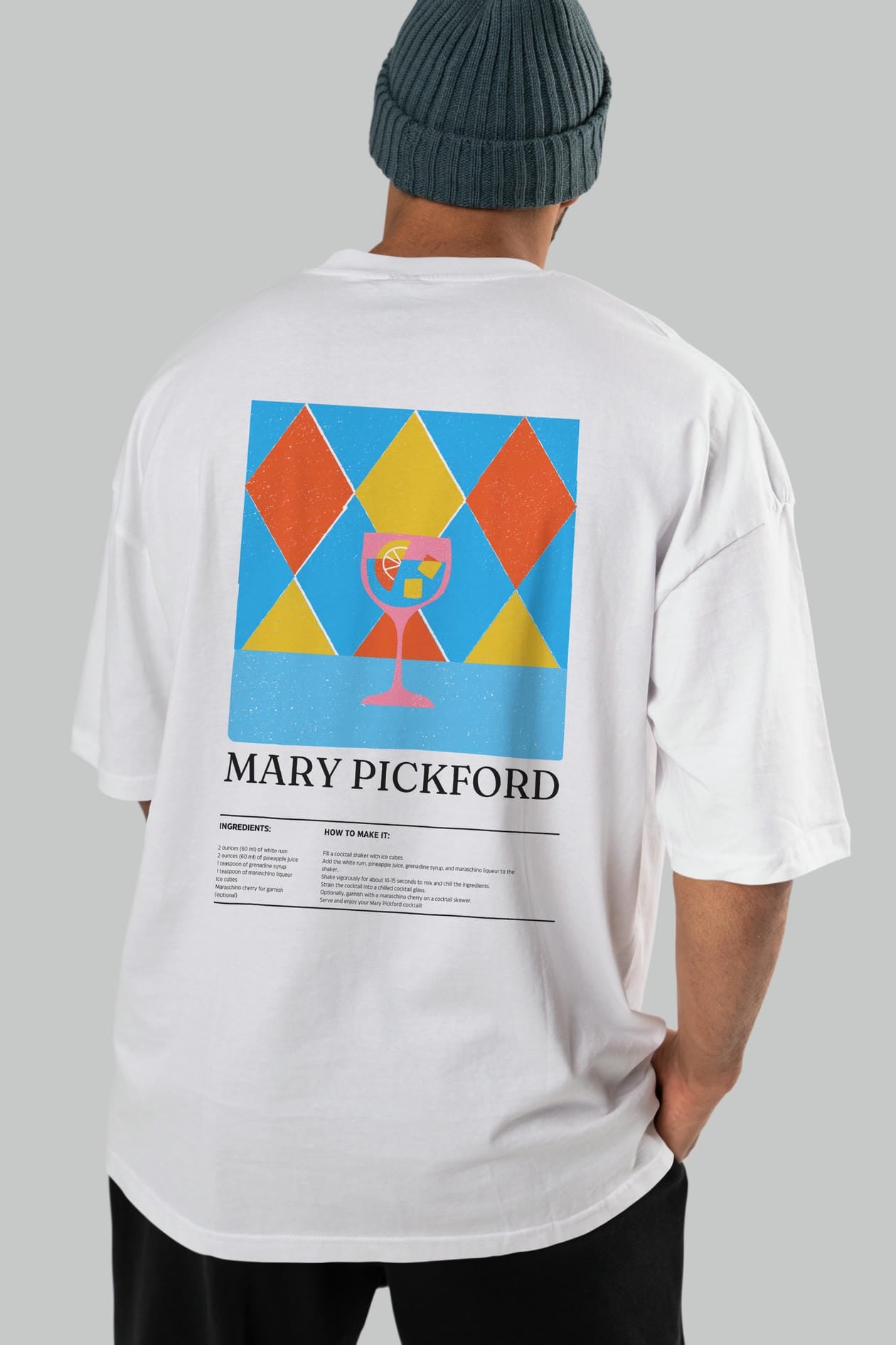 Mary Pickford Kokteyl Serisi Arka Baskılı Oversize t-shirt Erkek Kadın %100 Pamuk Bisiklet Yaka tişort