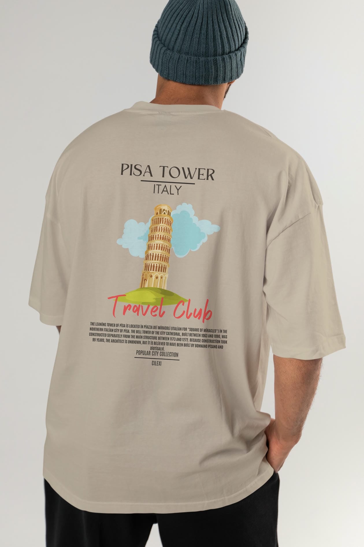 Pisa Tower İtaly Arka Baskılı Oversize t-shirt Erkek Kadın Pamuk Bisiklet Yaka tişort