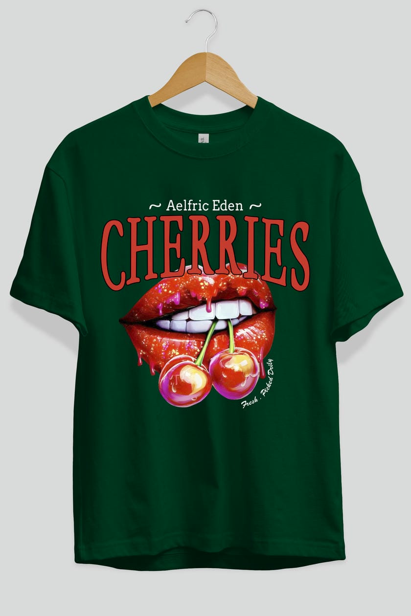 Cherry Cherries 3 Ön Baskılı Oversize t-shirt Erkek Kadın Pamuk Bisiklet Yaka tişort