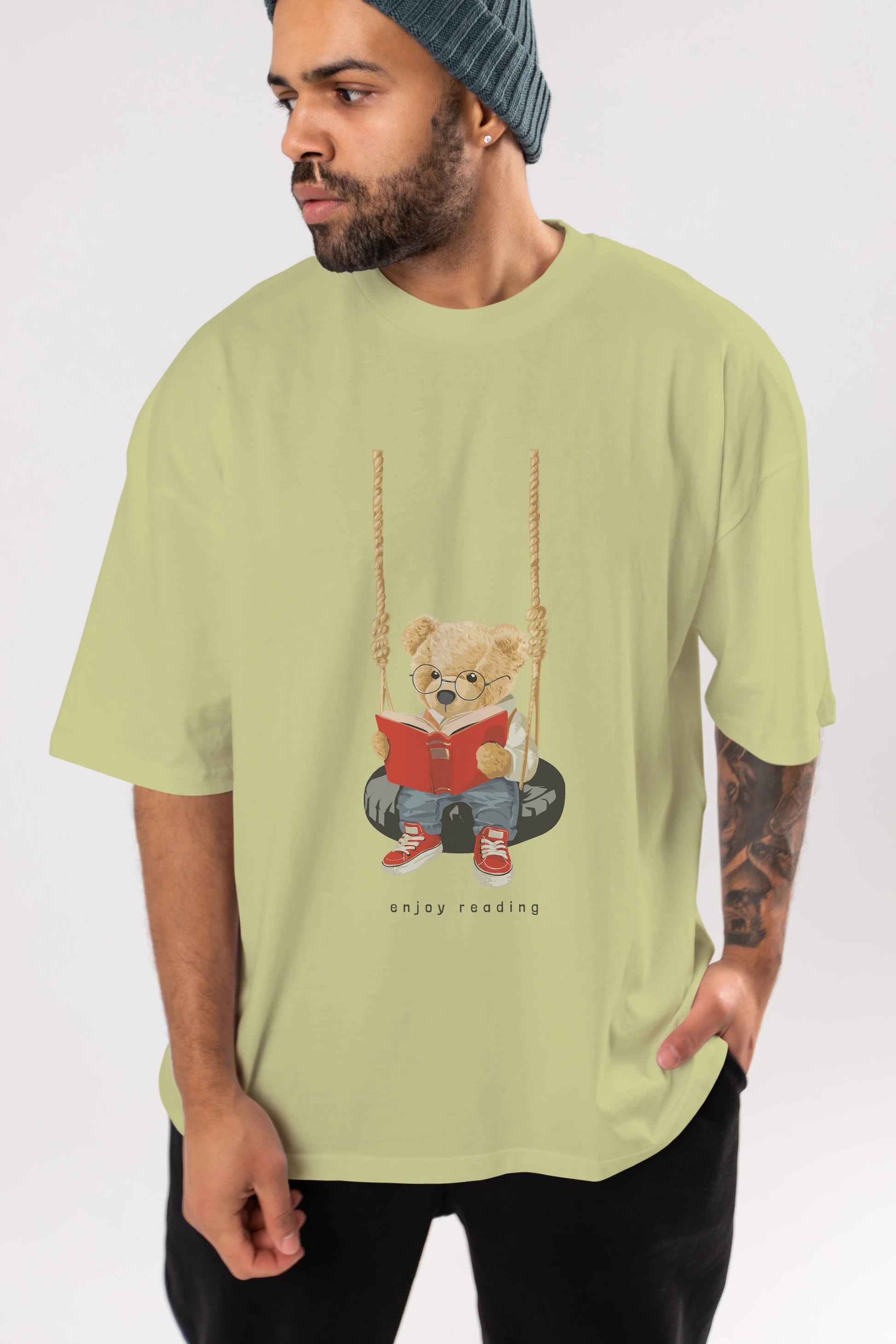 Teddy Bear Enjoy Reading Ön Baskılı Oversize t-shirt Erkek Kadın Unisex %100 Pamuk