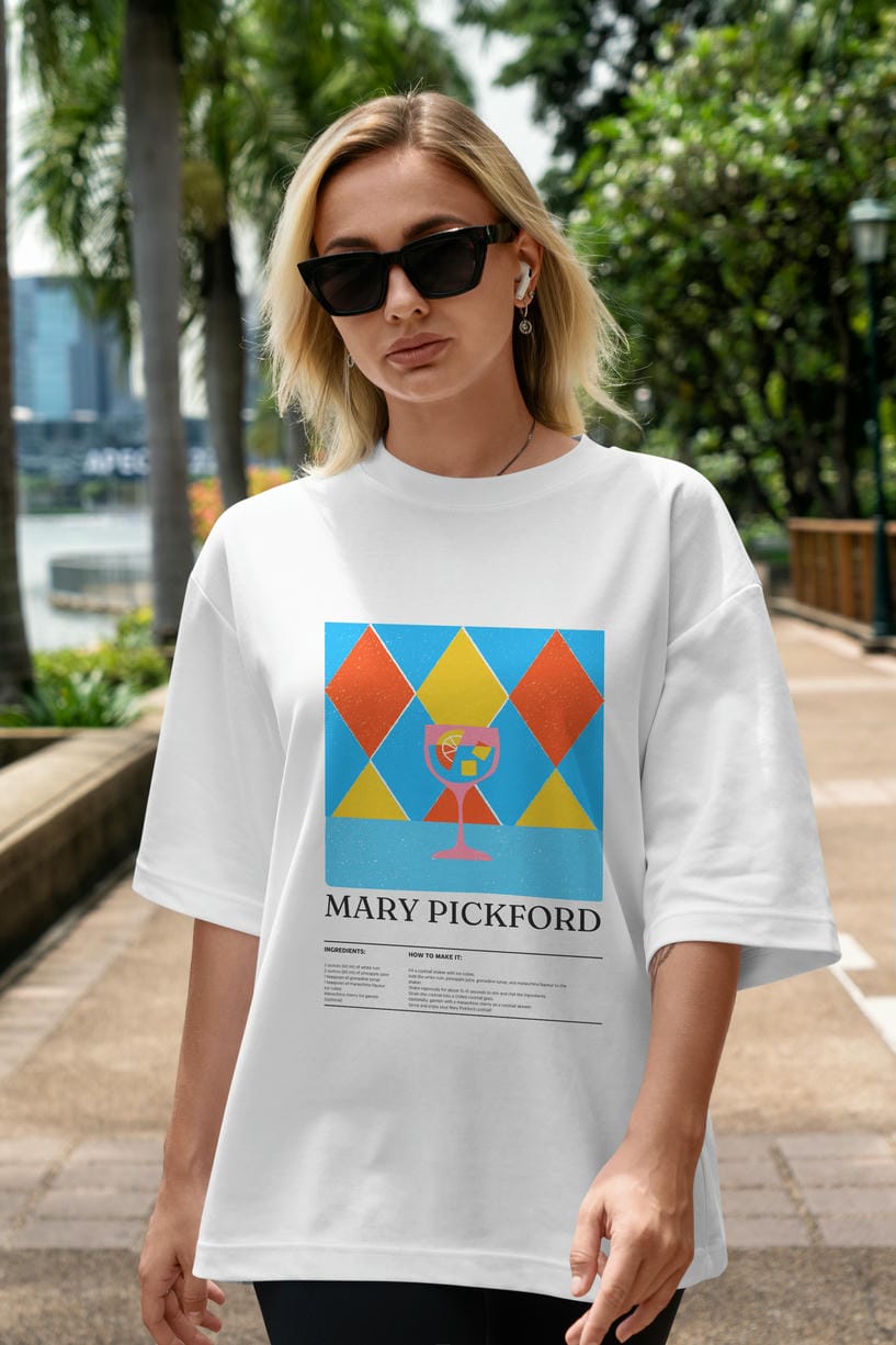 Mary Pickford Kokteyl Ön Baskılı Oversize t-shirt Erkek Kadın %100 Pamuk Bisiklet Yaka tişort