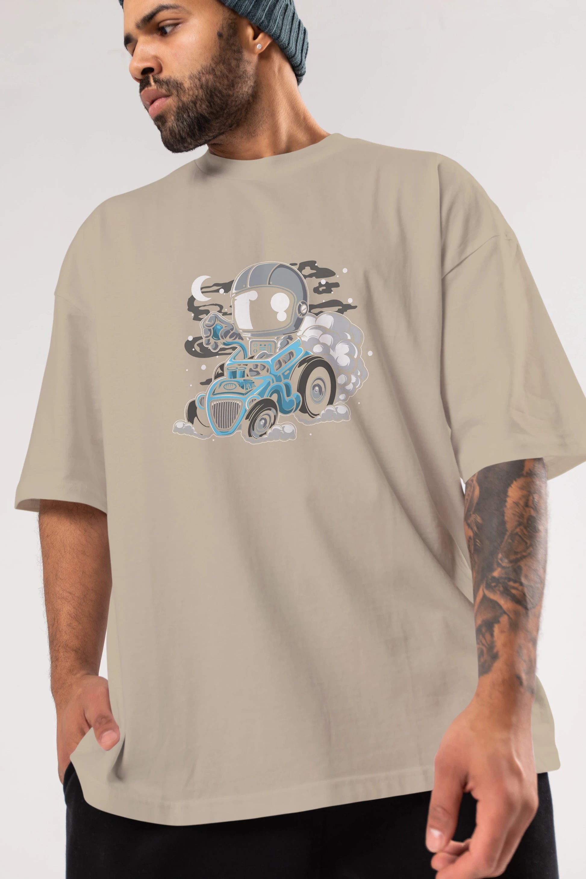 Astronaut Hotrod Ön Baskılı Oversize t-shirt Erkek Kadın Unisex